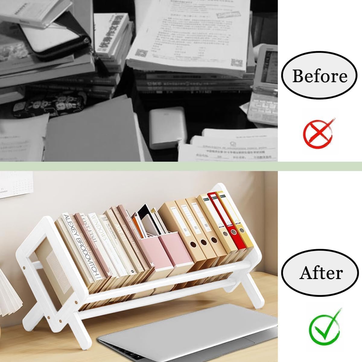 Fox Claw Wood Tilting Bookcase in Living Room/Home/Office, Desktop Book Shelf Organizer Bookshelves Storage Rack for CDs/Magazine/Books Display (White, 19.68"-L)