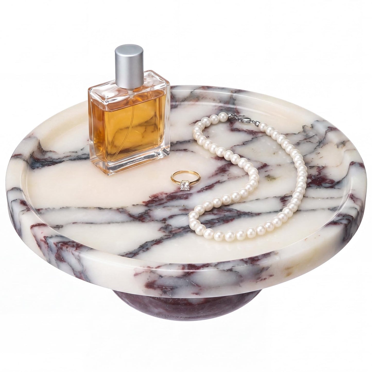 Ferrochef Natural Round Marble Tray with Legs, 7" Calacatta Viola Solid Marble Pedestal Tray Decorative for Bathroom Vanity, Kitchen Counter, Jewelry, Perfume and Candle Display