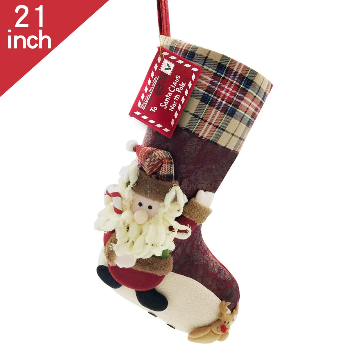 ETERAMUS 21 inch Plaid Christmas Stockings Santa Claus with Deer, Bear, Animal One Piece, Felt Large Plush 3D Reindeer Xmas Stocking for Girls Boys Tree Mantel Party Décor (Red Santa Claus)