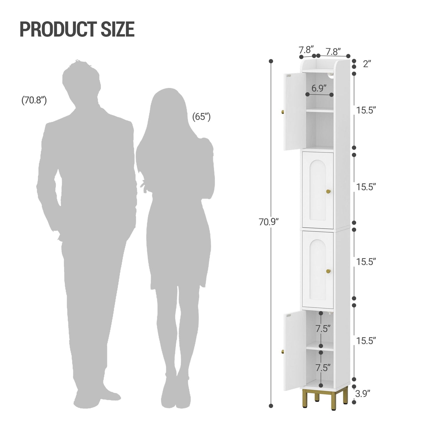 Hzuaneri 4-Tier Narrow Tall Storage Cabinet, Slim Bathroom Storage Cabinet with 4 Adjustable Feet and Shelves, Bathroom Organization for Small Space, Kitchen, Living Room, Laundry Room White BC42213G