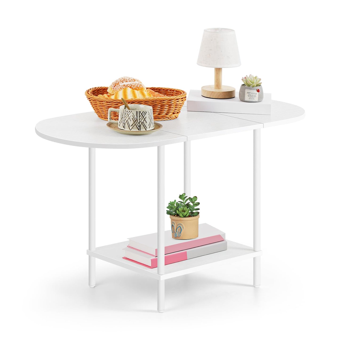 OYEAL White Coffee Table for Living Room, Small Oval Coffee Table with Storage and Wood Tabletop, Mid Century Round Center Table for Small Space, Home Office