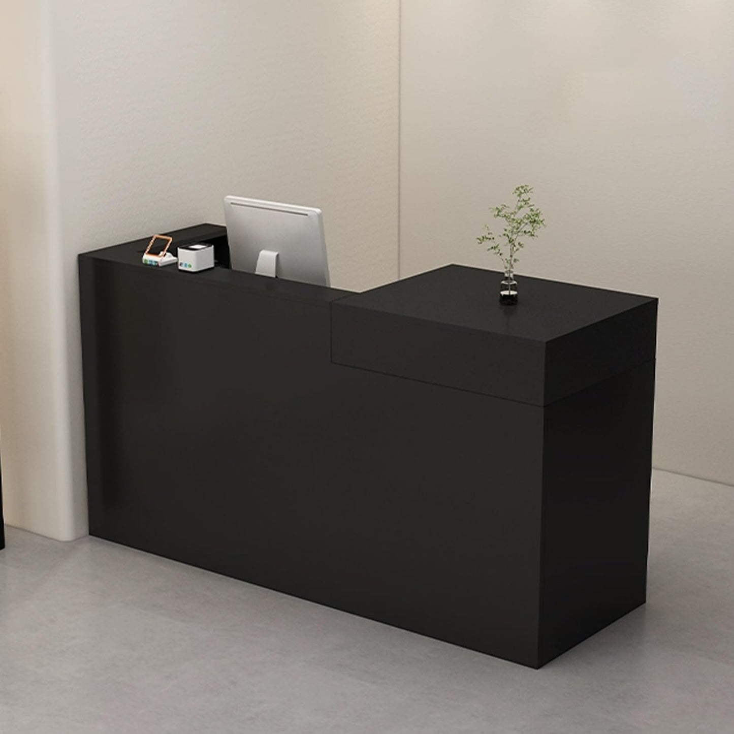 Small Black Reception Desk with Lockable Drawer - Wood Checkout Counter for Retail, Convenience Stores & Clothing Shops - 39.3in Front Counter for Organized Space