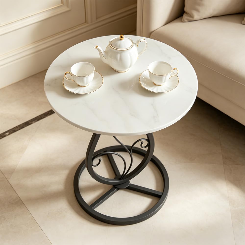 Round End Table Living Room, BOHO Small Side Table with Luxury Marble Top & Black Metal Base, Modern Coffee Accent Table, Bedside Nightstand for Bedroom, Sofa End Table for Couch Outdoor Patio (Black)