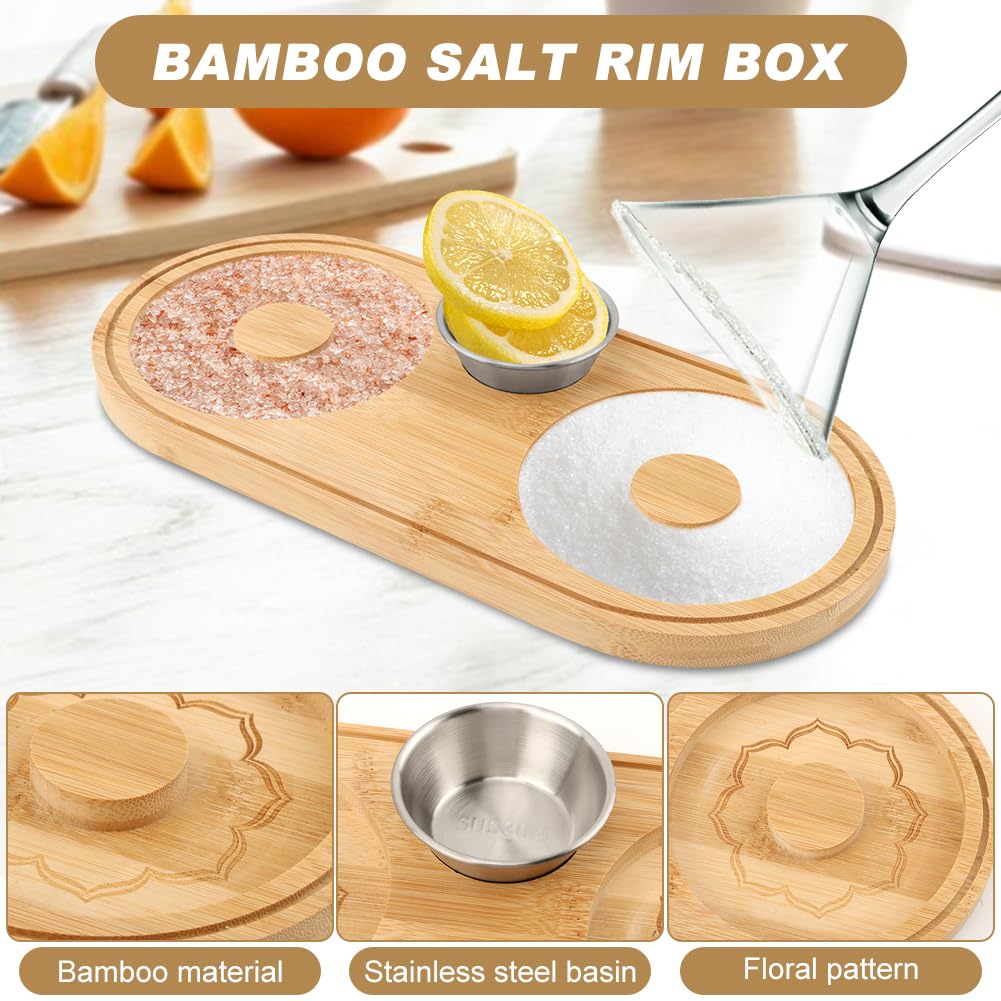 Margarita Salt Rimmer Set, Sugar and Salt Rimmer for Cocktails with Bowl and Lemon Squeezer, Wood Bamboo Salts Rimmers for up to 4.72" Rims, Margarita Kit and Bartender Tool
