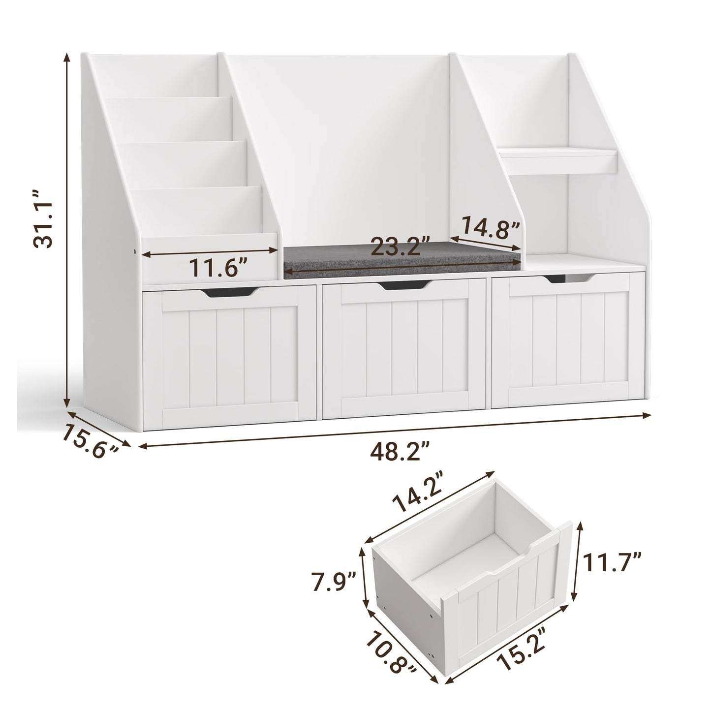 Gizoon Kids Toy Storage Organizer with Reading Nook, Kids Bookshelf with 3 Movable Drawers, Kids Reading Nook with Bench for Kidsroom Playroom and Bedroom, White, Painted
