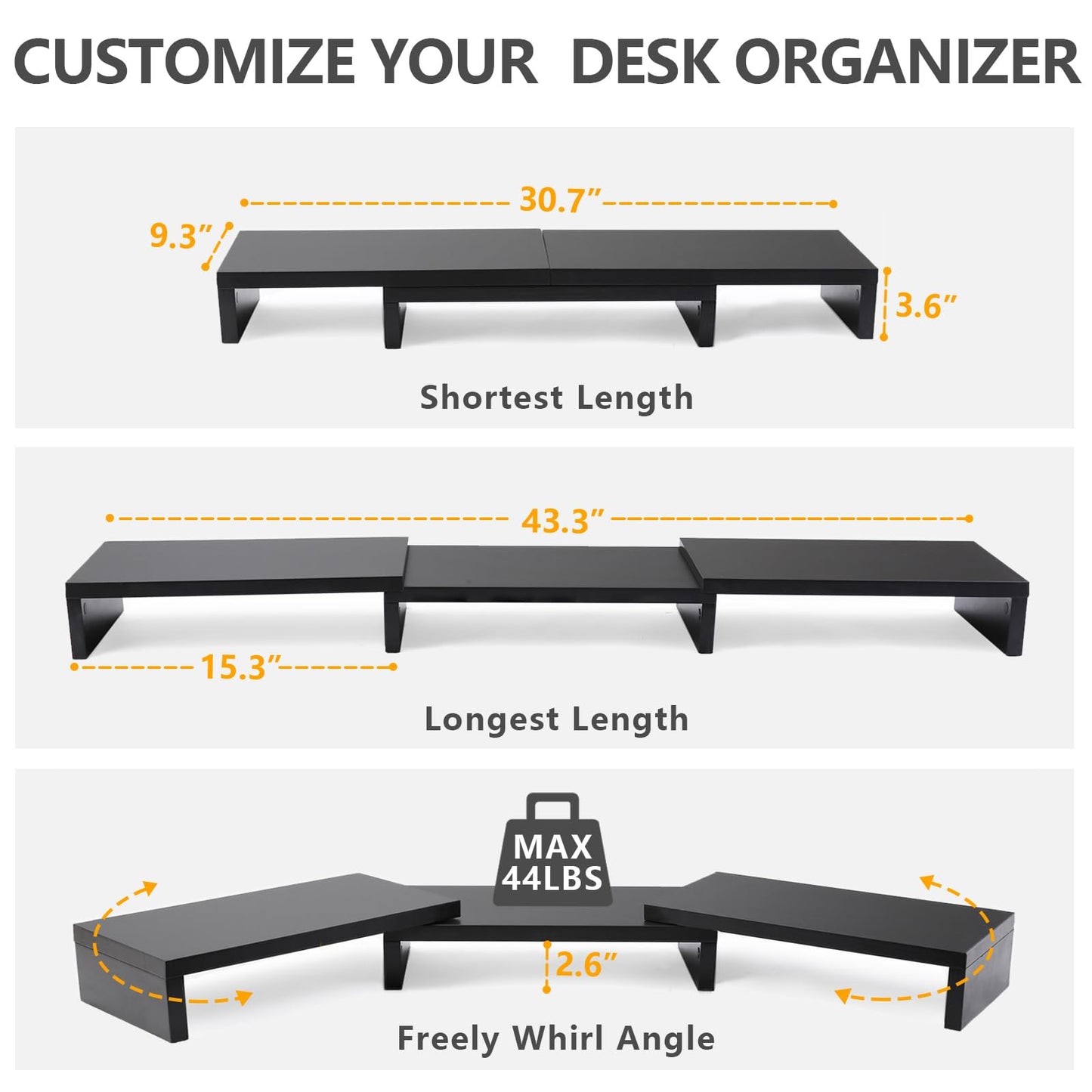 TAVR Dual Monitor Stand Riser Office Desktop Organizer Stand for 2 Monitors, Adjustable Length and Angle 3 Shelf, Extra Long Multifunctional Wooden Stand up to 43.3" fit Computer, Laptop, TV, Black