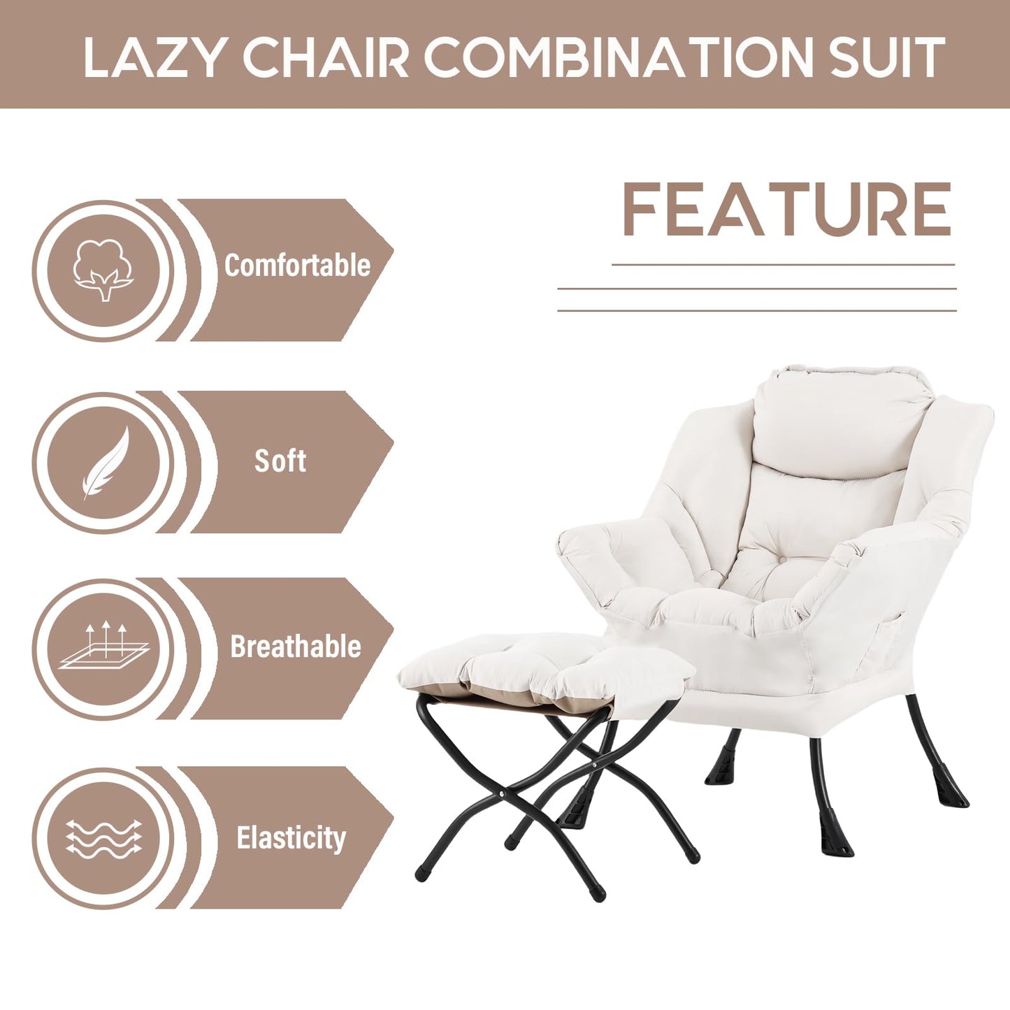 LITA Lazy Chair with Ottoman, Modern Accent Leisure Upholstered Sofa, Contemporary Lounge Reading Chair with Armrests and a Side Pocket for Living Room, Bedroom & Small Space, Beige