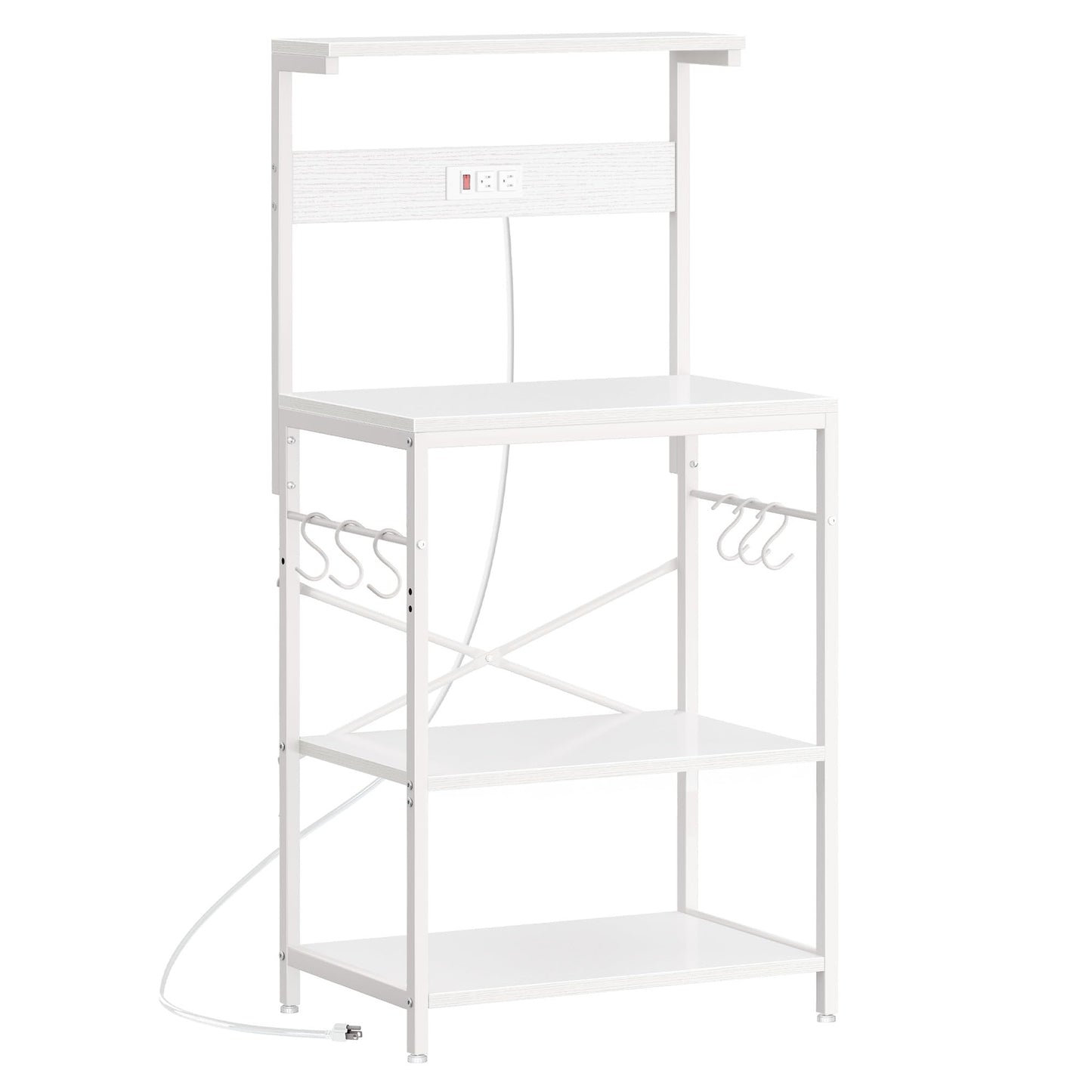 SUPERJARE Kitchen Bakers Rack with Power Outlet, Coffee Bar Table 4 Tiers, Kitchen Microwave Stand with 6 S-Shaped Hooks, Storage Shelf Rack for Spices, Pots and Pans - White