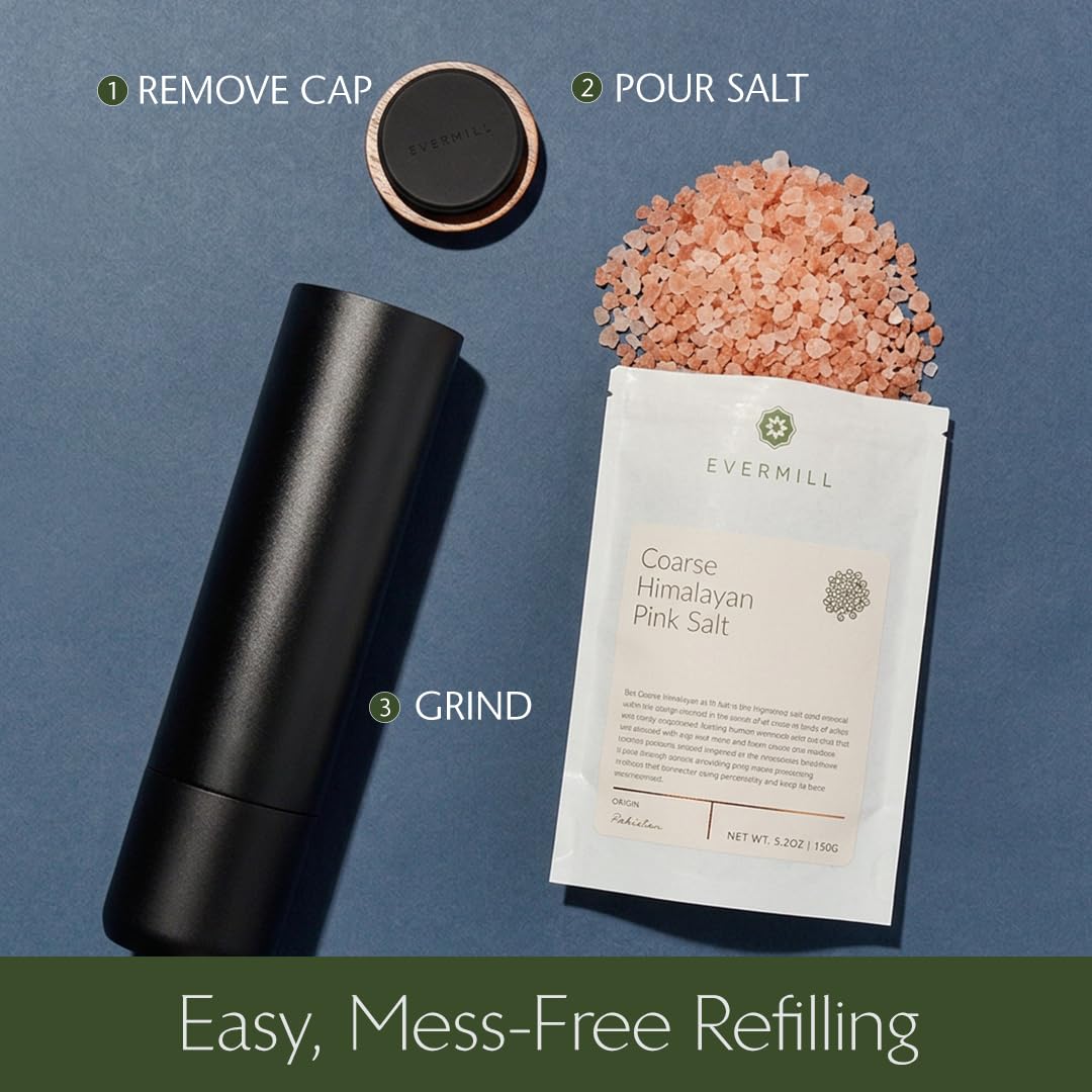 Evermill Salt Mill – Premium Adjustable Salt Grinder with Ceramic Grinder Core – Refillable Manual Salt Grinder with Himalayan Pink Salt – Anodized Aluminum (Bronze)