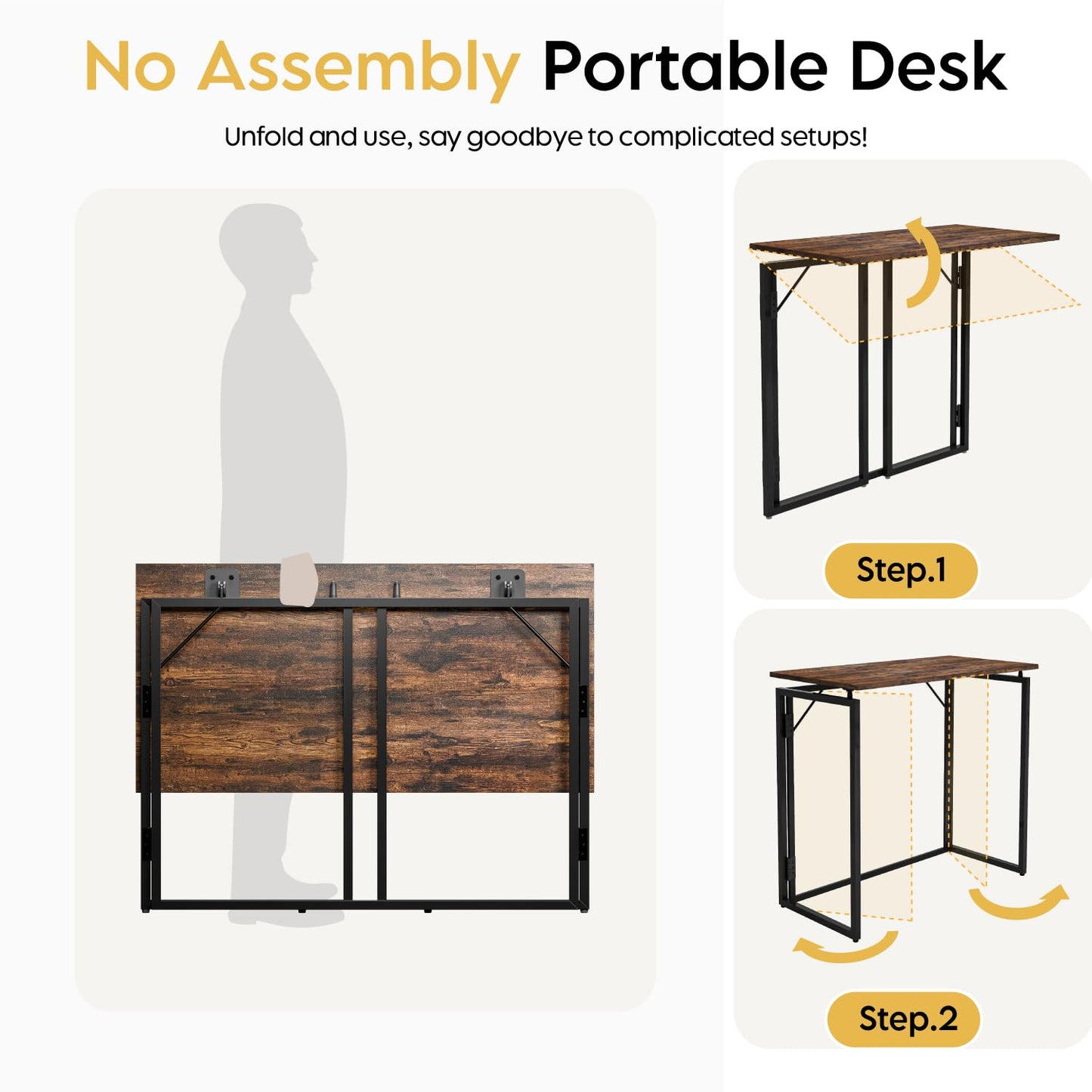 alawooder Folding Desk - 39.4” Wood Top Foldable Desk for Small Spaces | No Assembly Required Compact Desk for Home Office, Writing, and Study