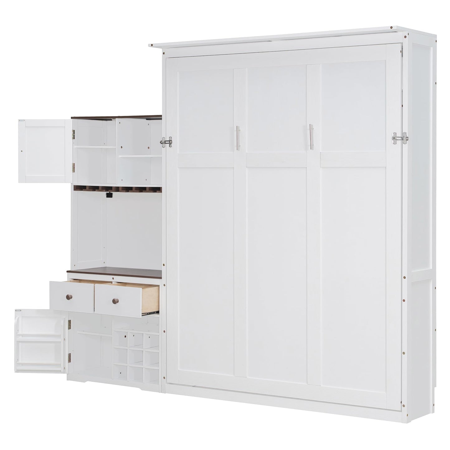 Filtome Queen Size Murphy Bed with Storage Cabinet, Wine Rack, Glass Holder, Drawers and Multi-Color Led Strip, White