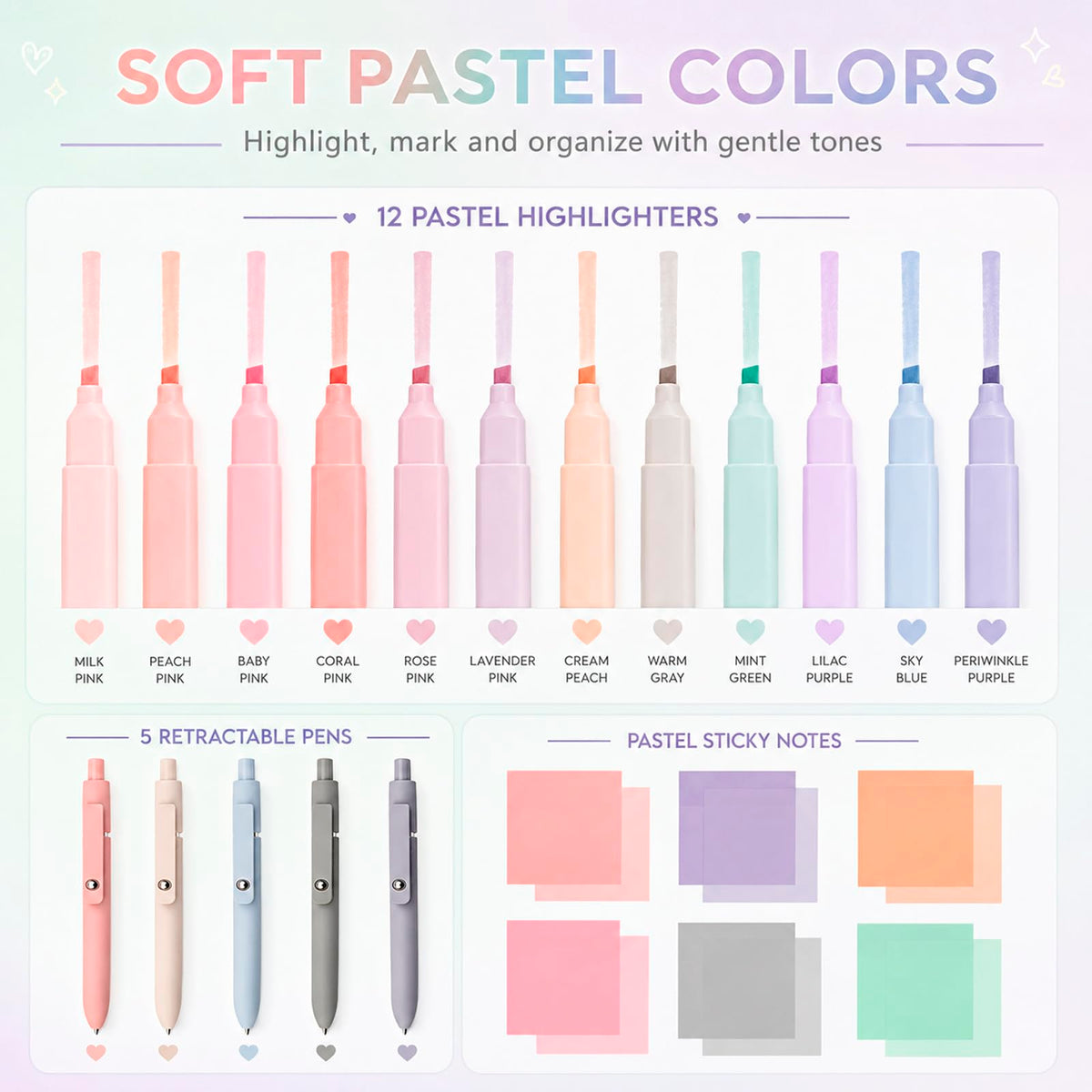 Aesthetic School Supplies with Pencil Pouch - 27Pcs Cute College Essentials Set, Big Capacity Pen Case, Pastel Highlighters, Bible Study Journaling Stationary, Annotation Kit Stuff Gift for Girls Teen