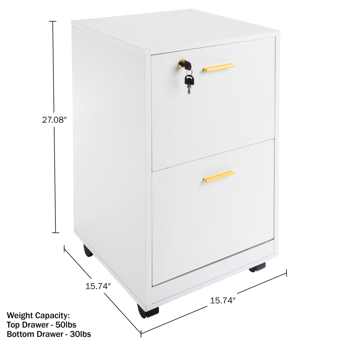 Lavish Home 2 Drawer File Cabinet - Filing Cabinet with Lock - Rolling File Cabinet for Under Desk Storage - Wood Filing Cabinet for Home or Office Organization (White)