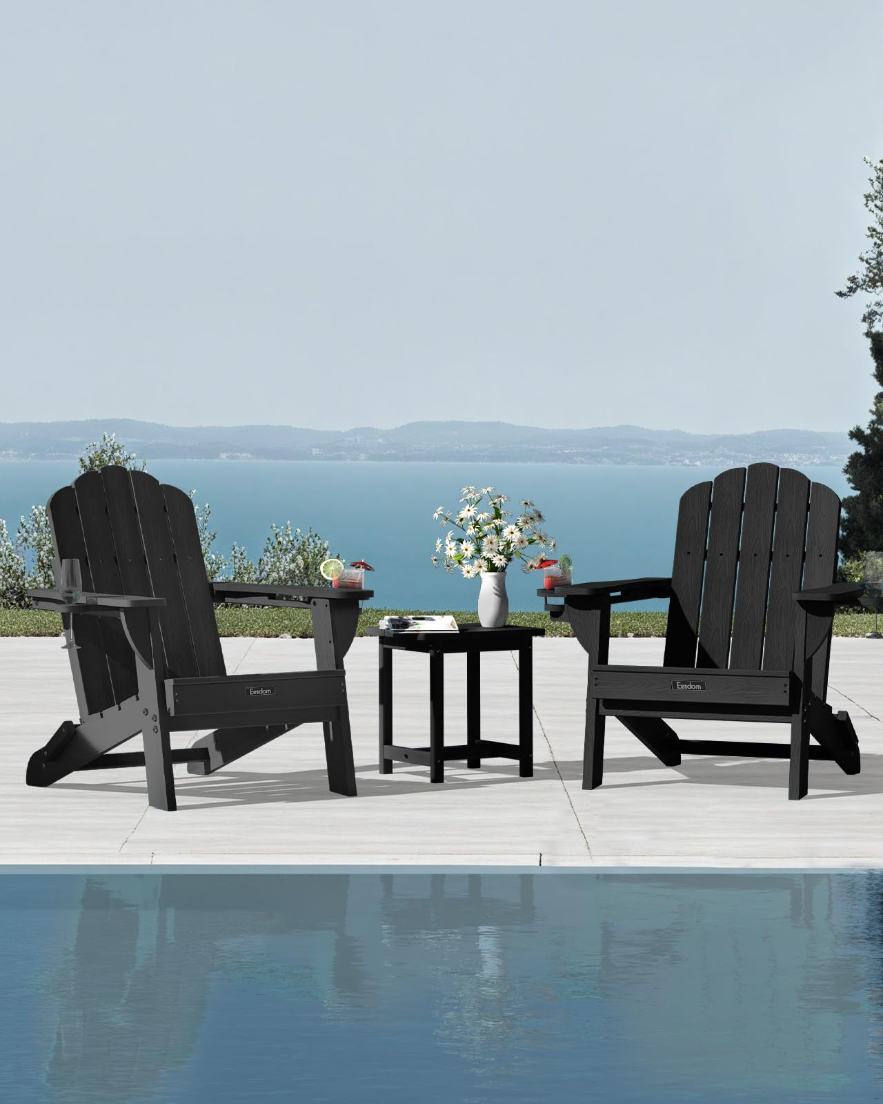 Eesdom Folding Adirondack Chair, All-Weather HDPE Plastic Patio Chair with 2 Cup Holders, Wooden Textured Lawn Chair, Perfect for Fire Pit,Black