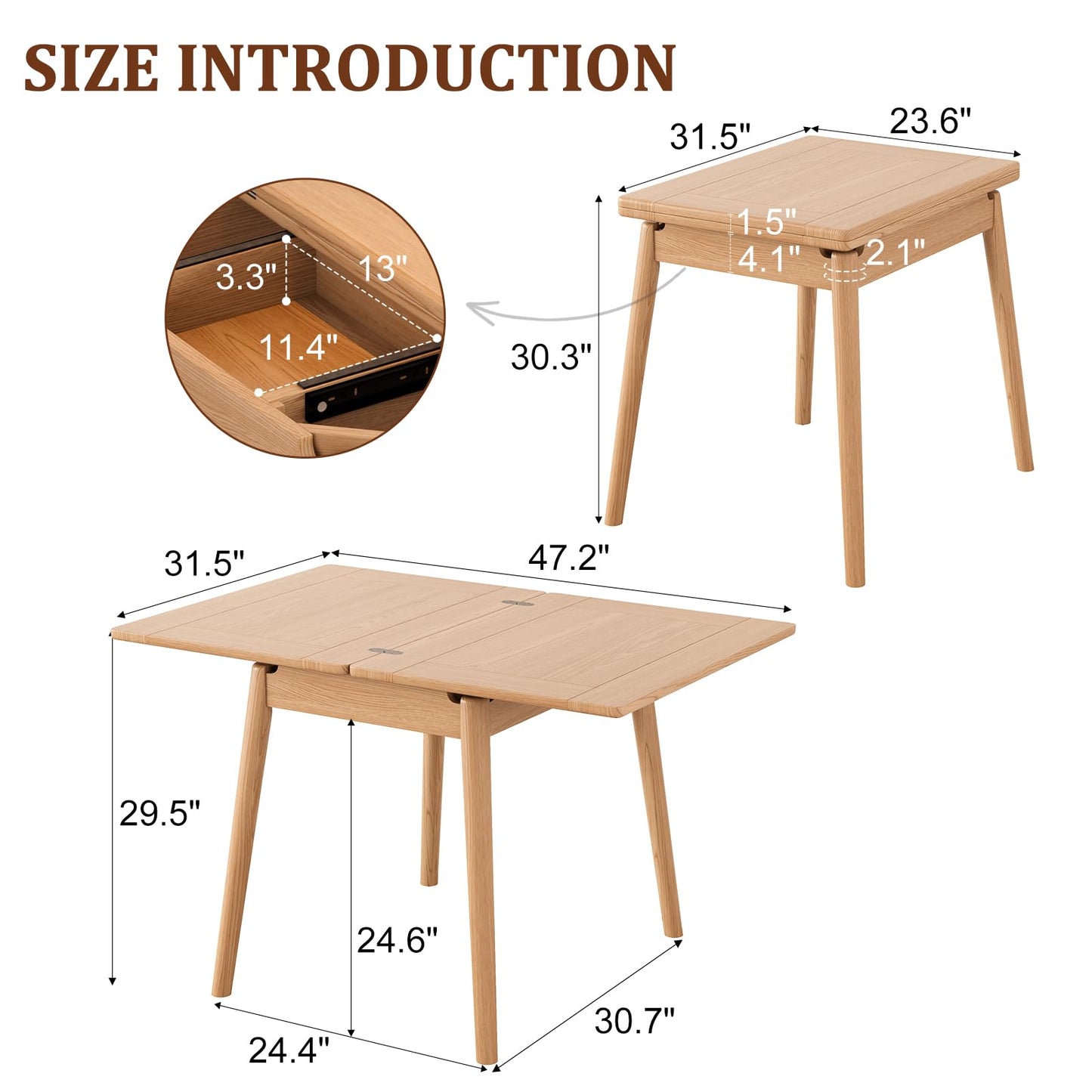 DONGMUWUJEE Solid Wood Small Dining Table, 23.6"L-47.2"L Expandable Kitchen Table for 2-6, Designed for Small Spaces, Easy Assembly, Suitable for Kitchen, Dining Room, Living Room, Apartment (Natural)