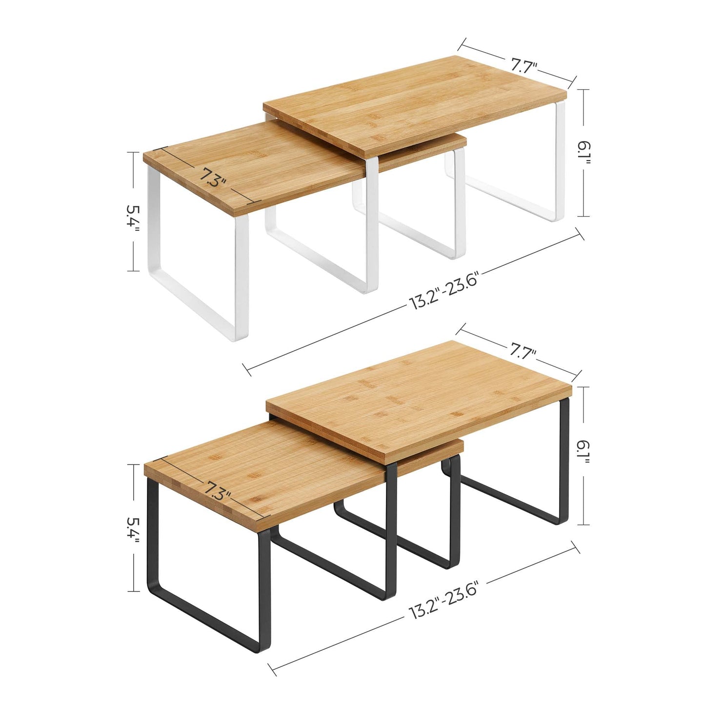 SONGMICS Kitchen Counter Organizers and Cabinet Shelves Bundle, Set of 4 Expandable Kitchen Cabinet Shelves, Metal and Bamboo, Black, Natural, and White UKCS02NB and UKCS02NW