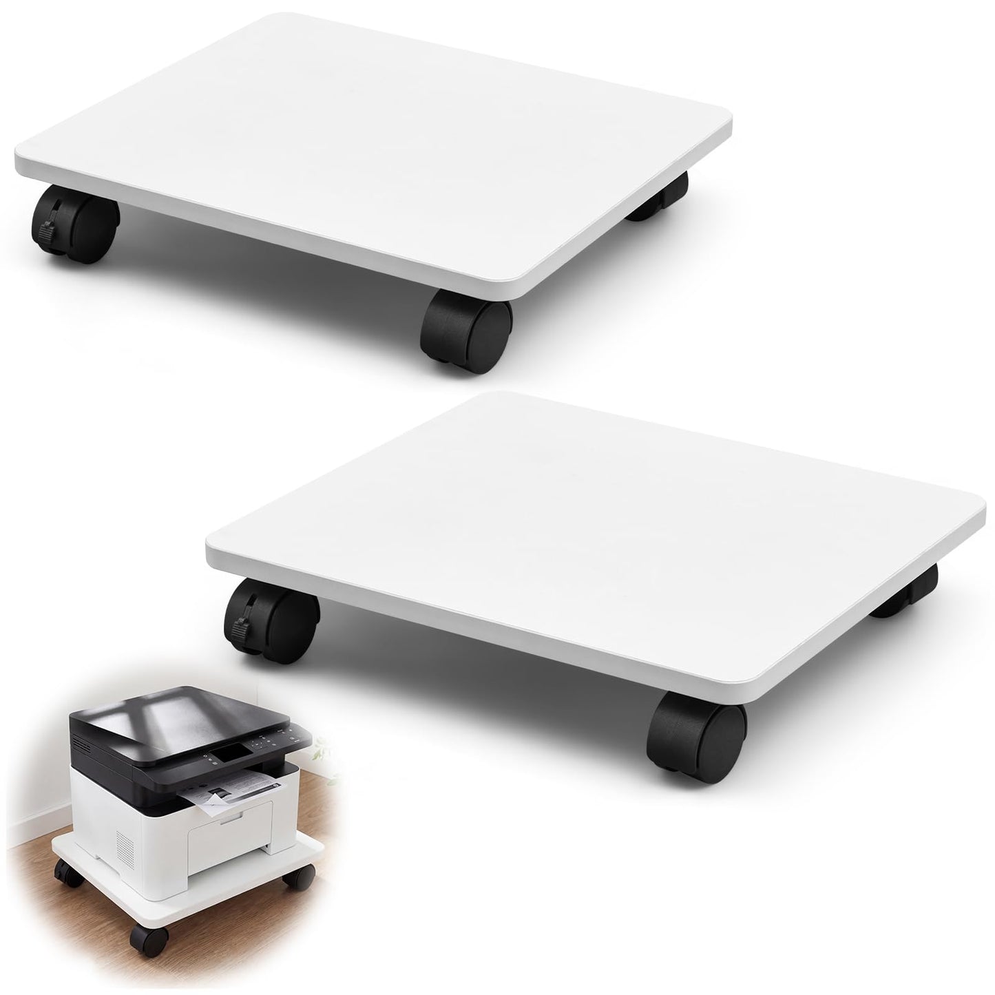 Beeveer 2 Pcs Office Under Desk Printer Stand with 4 Caster Wheels 16 x 14 Inches White Movable Printer Copier Shelf CPU Holder for Home Office Heavy Duty Storage Rack Scanner Fax Machine