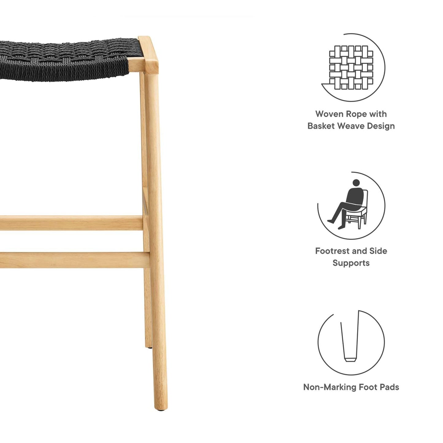 Modway Saoirse Woven Rope Wood Bar Stool - Set of 2 in Natural Black
