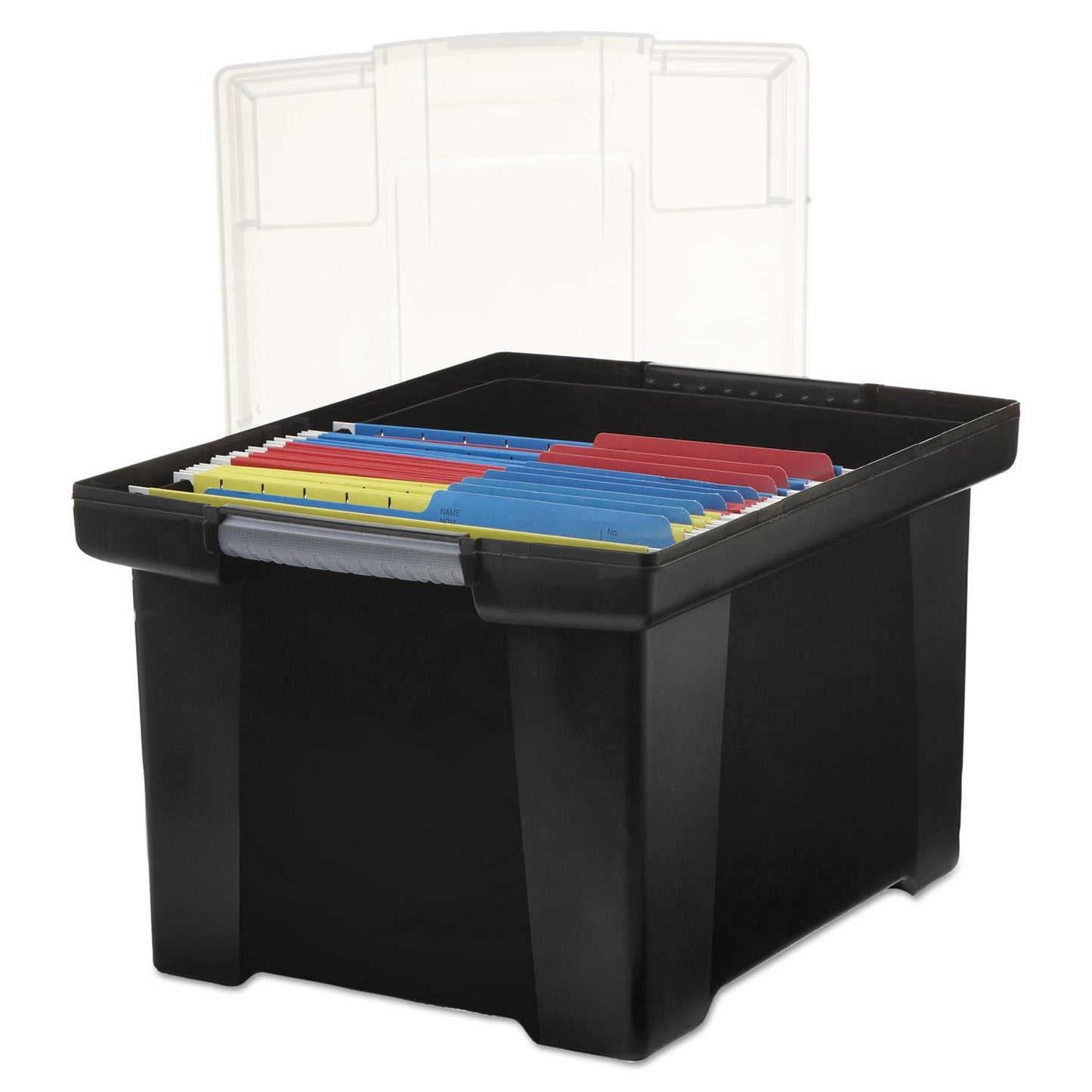 Storex Plastic File Tote Storage Box with Snap-On Lid, Letter/Legal Size, Black/Silver (61528U01C)