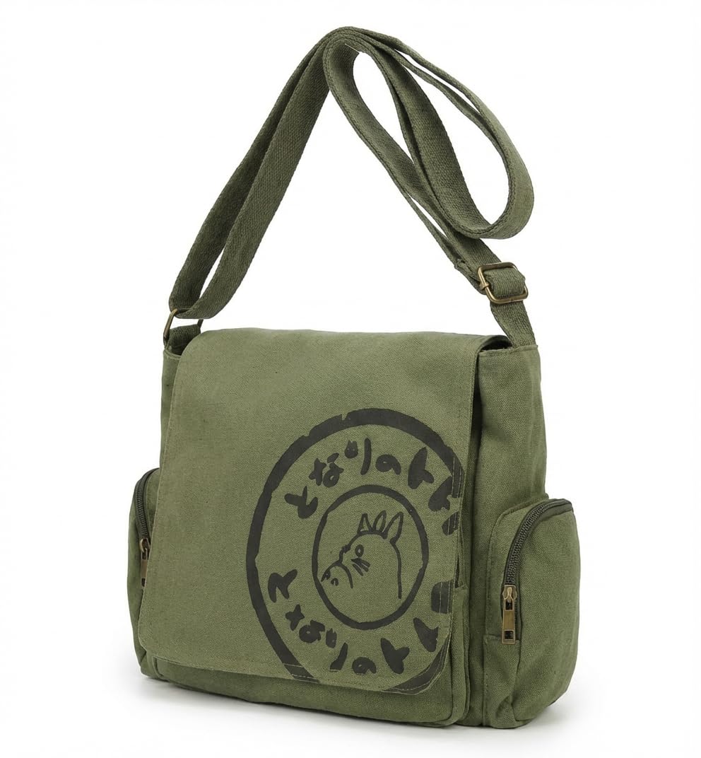 Zxtvmn Japanese New 2026 My Neighbor Canvas Messenger Bags Cartoon Students Book Crossbody Bags with Mutiple Pockets, Compatible with my neighbor totoro bag (Khaki)