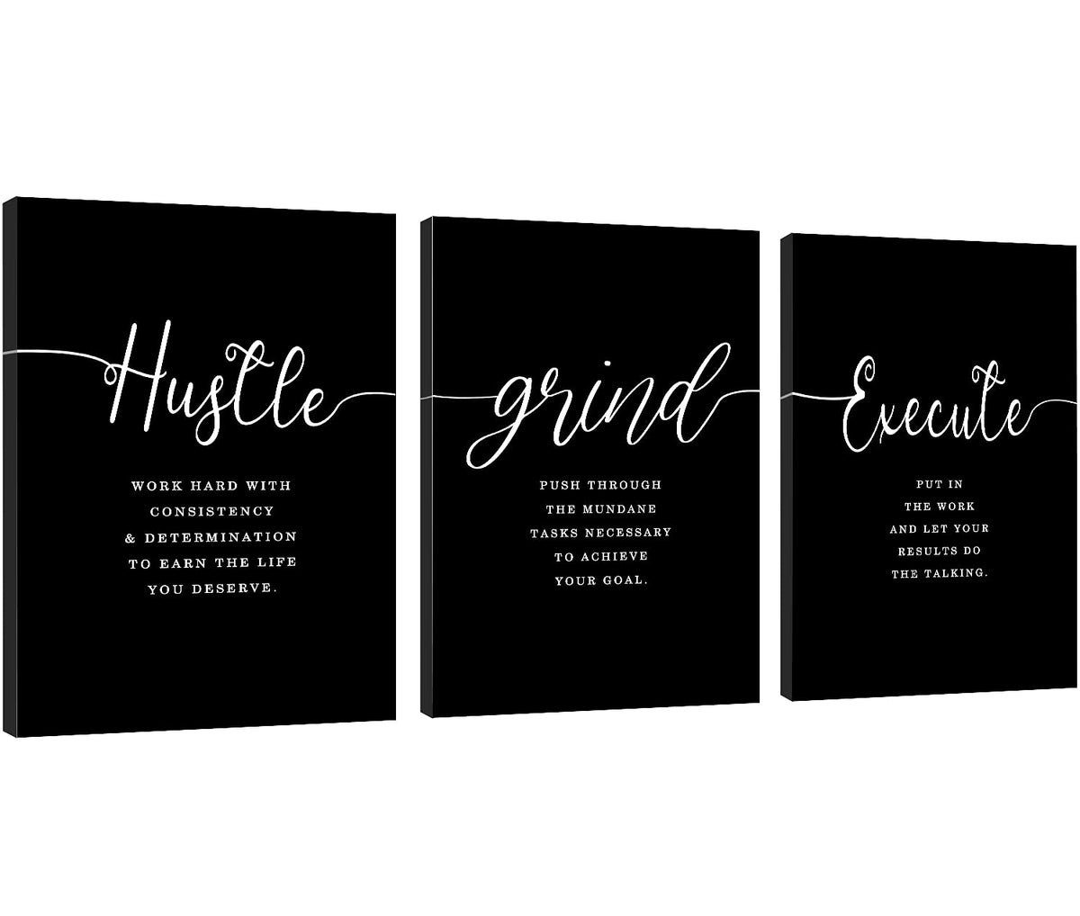 Office Decor - Hustle Quotes Execute Prints, Framed Canvas Wall Art Grind Quote, Office Wall Art, Black Large Poster, Positive MotivationalPrints, Inspirational Print (F-3pcs,12x16inchx3pcs)