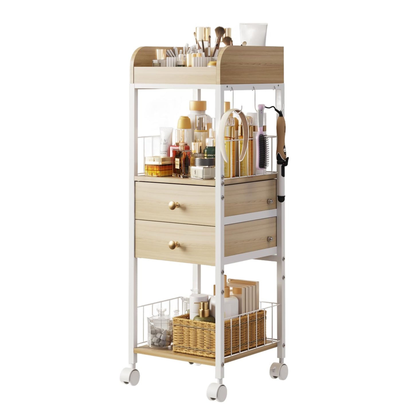DongRong Makeup Organizer Cart, Rolling Floor Skincare Organizer and Storage with 2 Wooden Drawers, Cosmetics Display Cases Holder for Skin Care Perfume Hair Tools Nail Polish