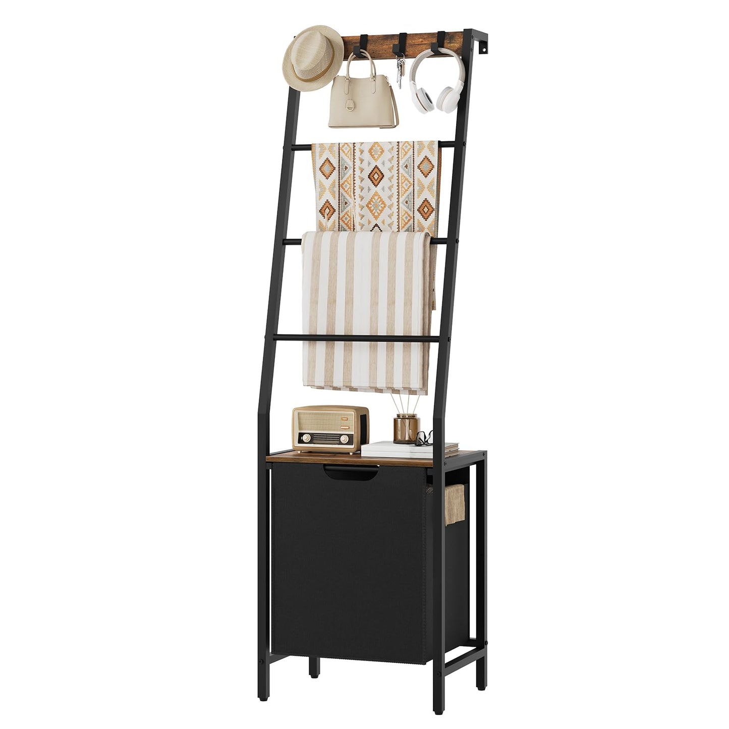 MAHANCRIS Blanket Ladder, 4-Tier Towel Rack with Pull-Out Laundry Basket & Removable Hooks, Ladder Shelf Stand, Wall-Leaning Blanket Rack for Living Room, Bedroom, Rustic Brown and Black TRHR4401