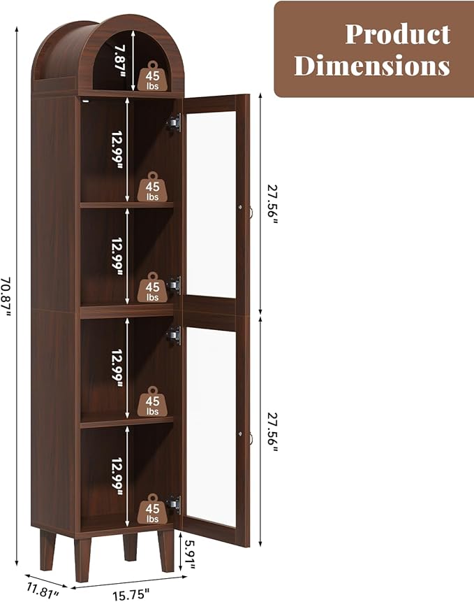 71" Tall Arched Cabinet with Acrylic Door, Modern Curio Arched Bookcase with