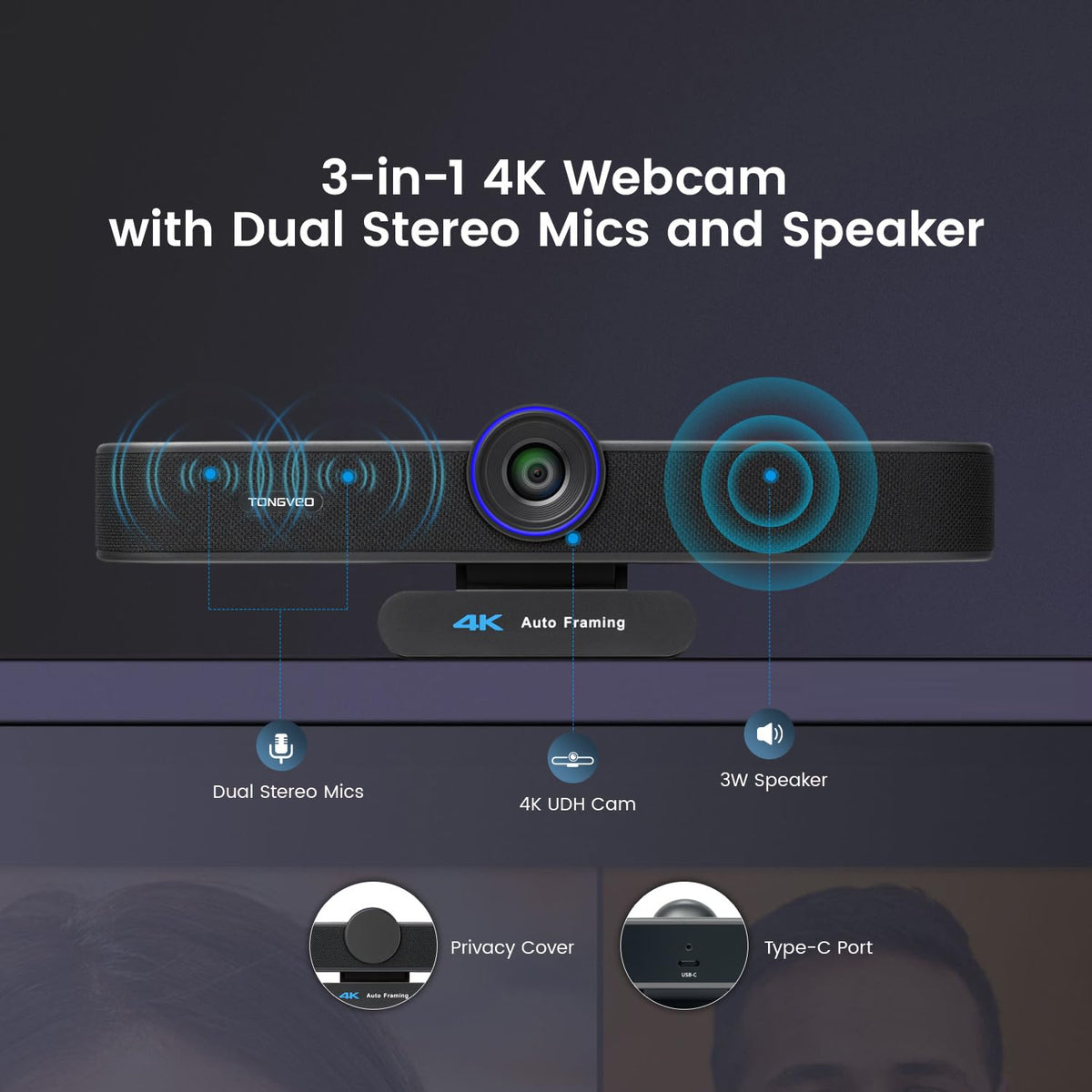 TONGVEO 3-in-1 4K Webcam with Microphones and Speaker, AI Auto-Tracking 5X Digital Zoom Webcam 4K Adjustable Field of View Remote Control Works with Microsoft Teams, Zoom, Google Meet, PC Mac Laptop