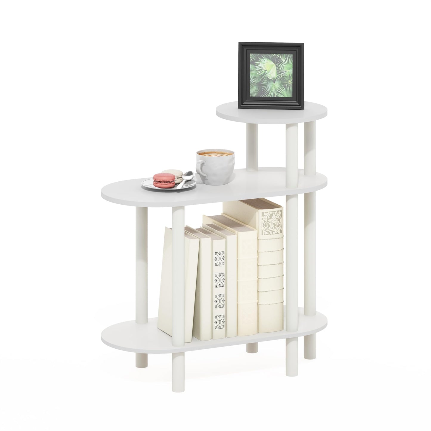 Furinno Turn-N-Tube Side Table, 3-Tier Oval Sofa End Table with Open Shelf, Toolless Assembly Night Stand, Bedside Table, for Living Room, Bedroom, White
