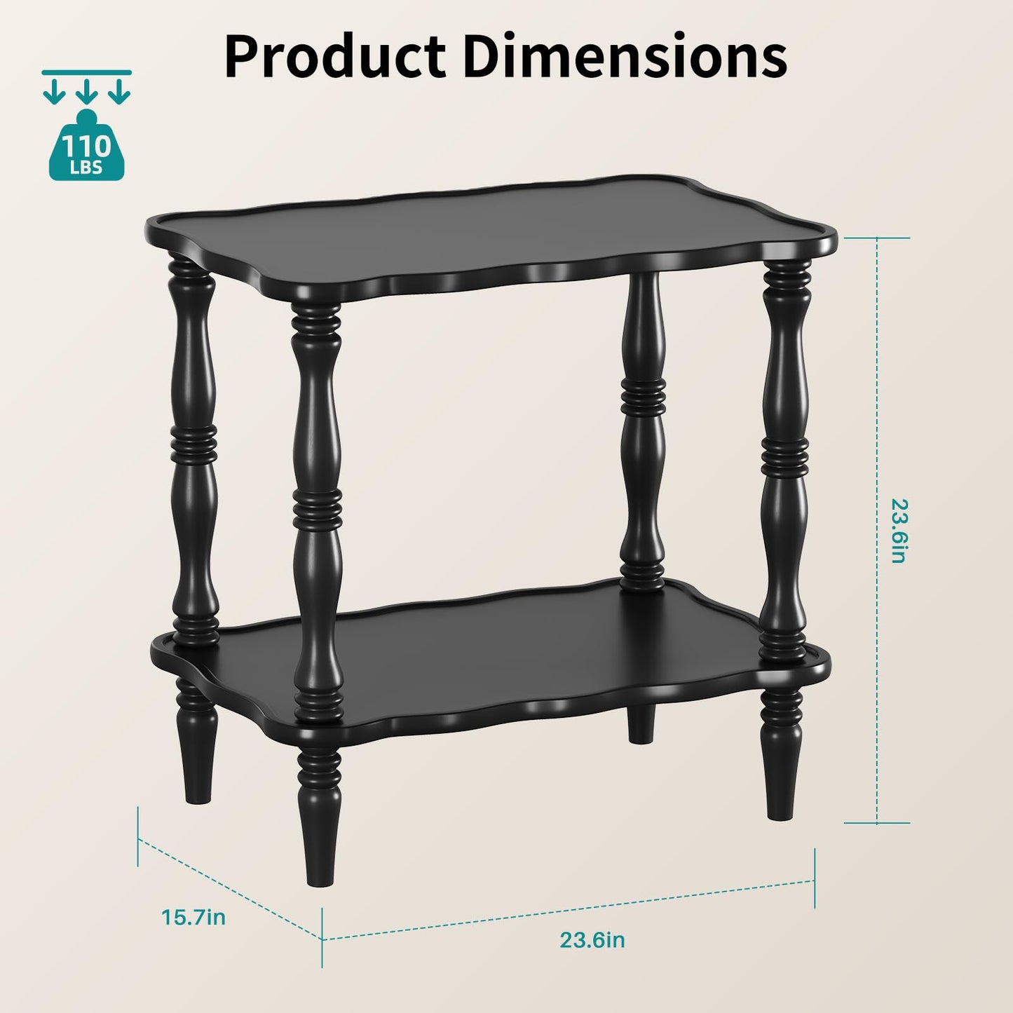 Solid Wood End Table Living Room - 23.6" H Small Narrow Rectangle End Table Wooden, Dark Real Wood Black Vintage Antique Side Bedside Table Nightstand for Small Spaces with Open Storage Shelf