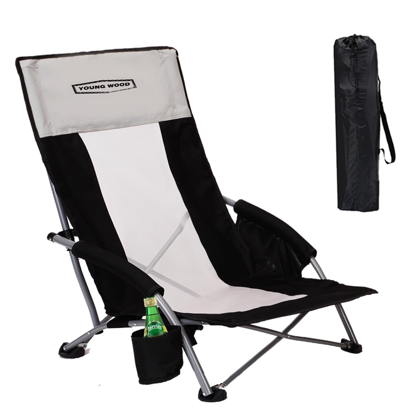 YOUNG WOOD High Beach Chair, Camping Chair, High Back Extra Wide Seat Chair with Comfortable Pillow & Storage Pocketsuitable for Adults, Children and Pets Fishing, PLoad Capacity 350lb,Black.1p