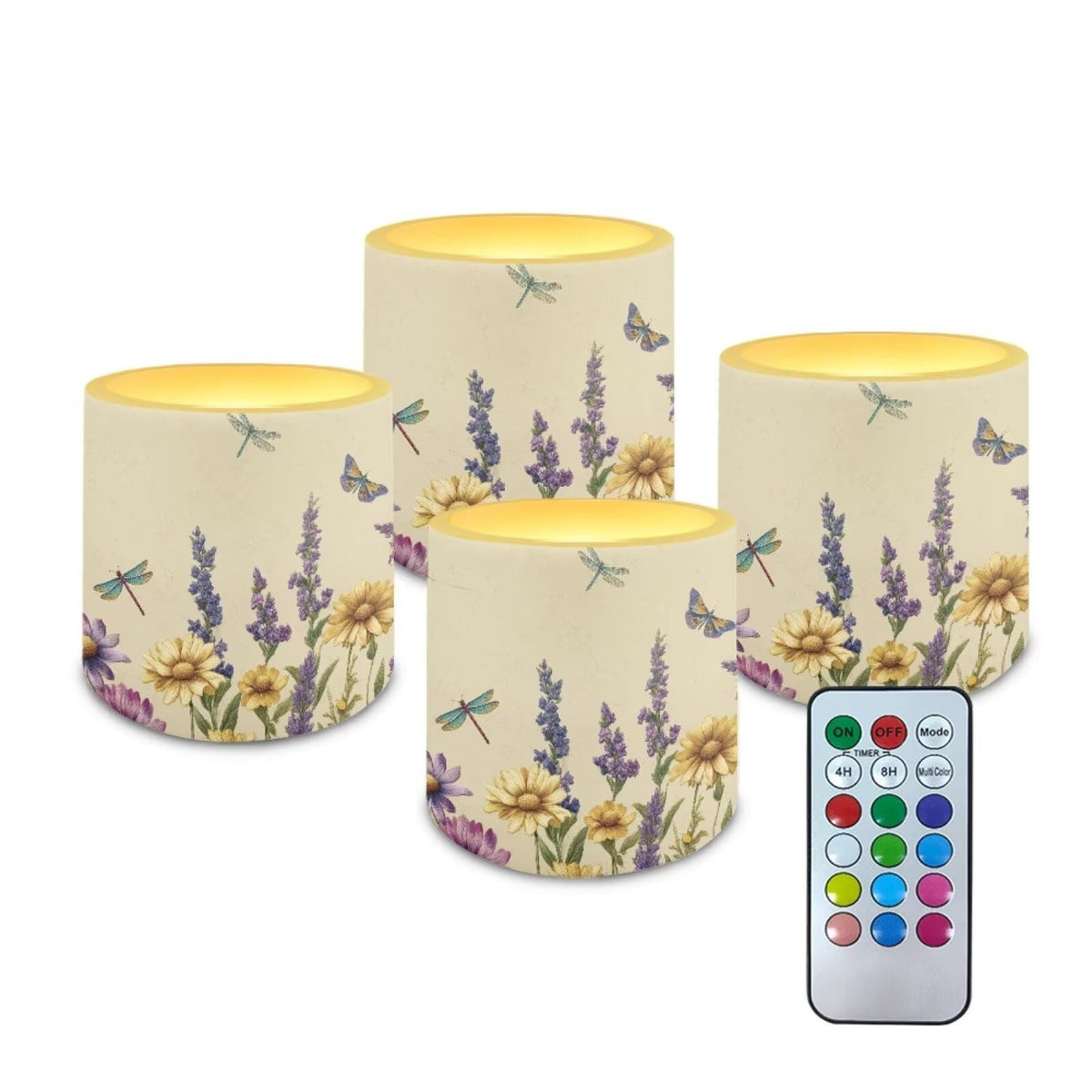Cozeyat Lavender Dragonfly Advanced LED Flickering Candles Set of 4 Battery Operated Flameless with Remote Timer Waterproof for Indoor Outdoor Table Long Lasting
