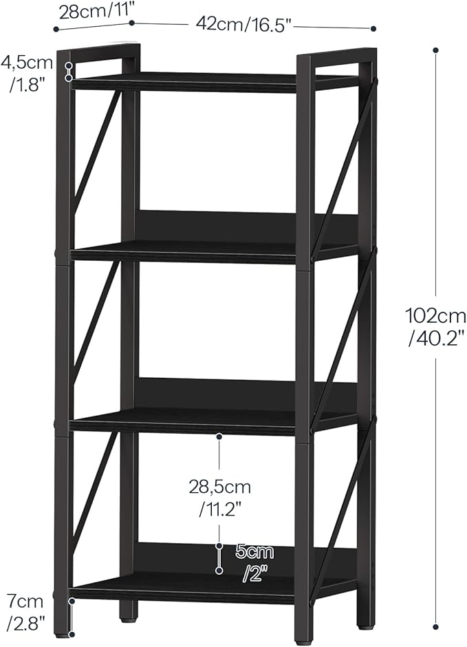 HOOBRO Bookshelf, 4-Tier Industrial Bookcase, Book Shelf Storage Organizer