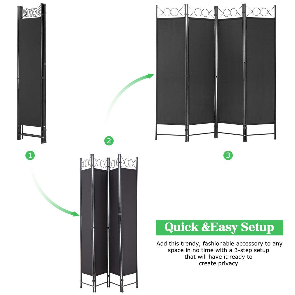PayLessHere 4 Panel Room Divider 6FT Steel Frame Screen Folding Privacy Divider Freestanding Partition for Home Office Bedroom (Black)