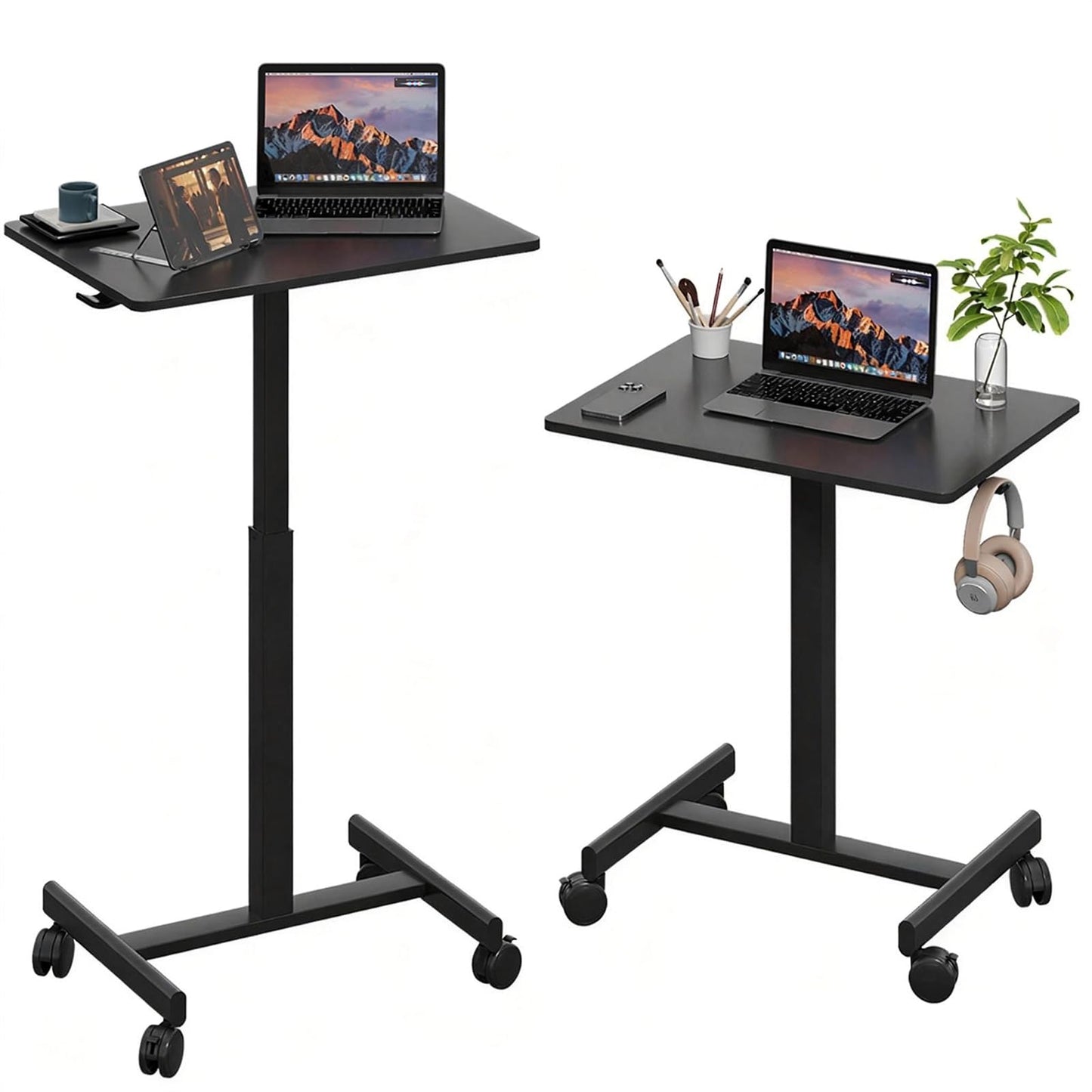 Gamork 18.9 * 25.6 inch Mobile Standing Desk,T Shaped Pneumatic Adjustable Height Stand Up Desk,with Lockable Wheels,Ergonomic Standing Side Table for Home Office Work Computer Workstation Black+Gray