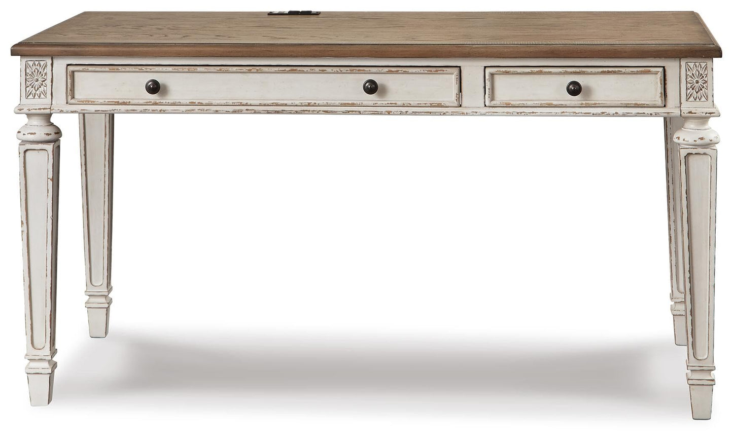 Signature Design by Ashley Realyn Farmhouse Home Office Desk, 2 Drawers, Drop-down Drawer, USB Charging, Wood, 60" W x 28" D x 31" H, Chipped White and Brown