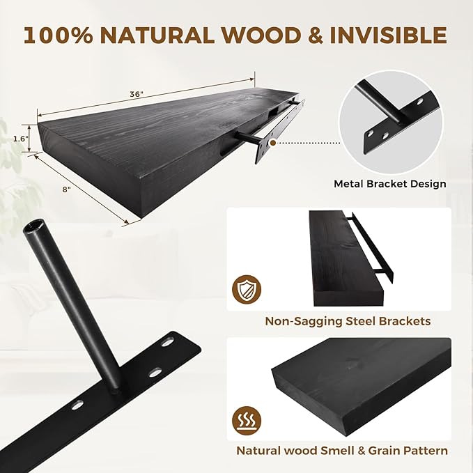 36x8x1.6 inch Floating Shelves Set of 2 – Solid Wood Rustic Black Wall Mounted