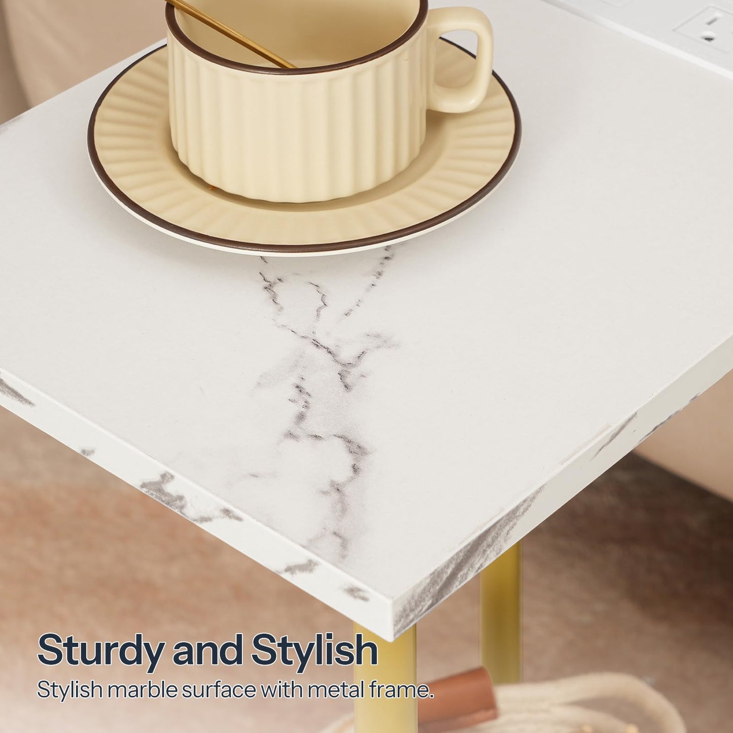 HOOBRO Side Table with Charging Station, End Table with USB Port and Outlet, Nightstand with 2-Layer Storage Shelves for Small Spaces, Living Room, Bedroom, Stable Frame, Gold and Marble DM09UBZ01