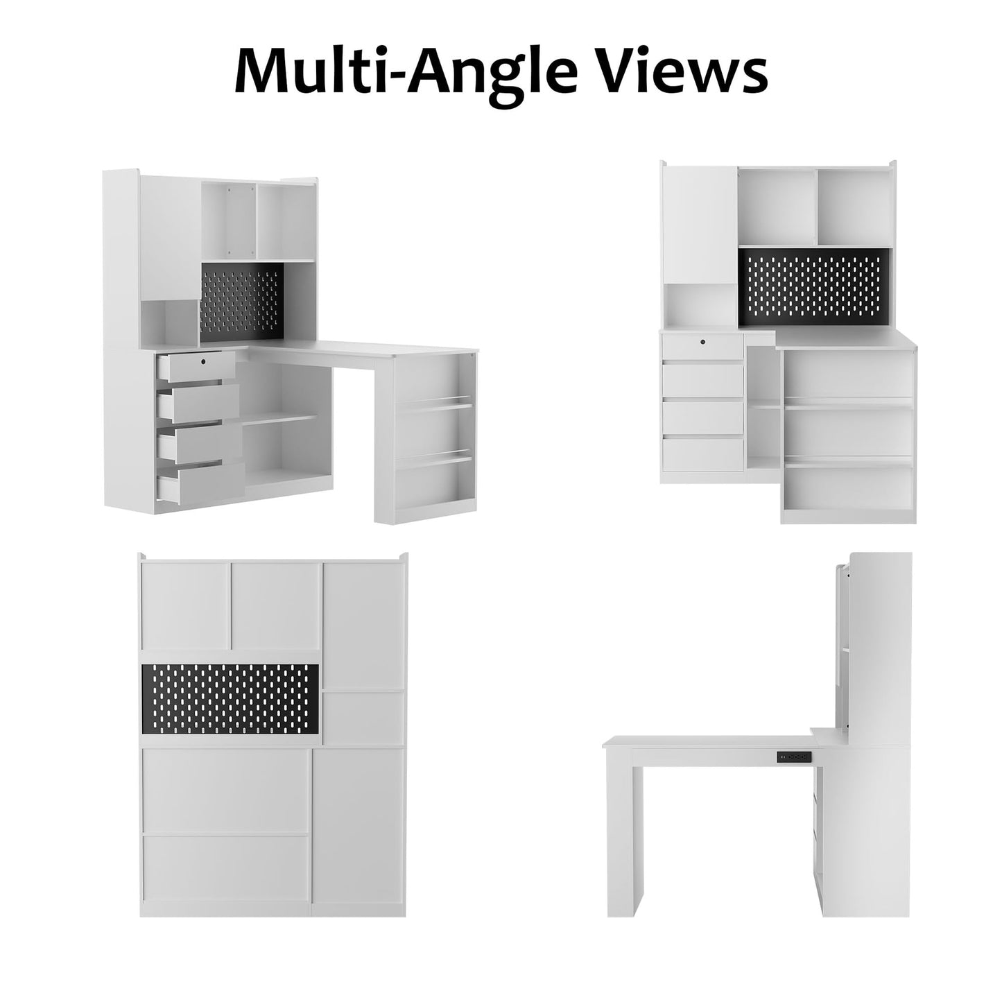 BAYYELL L-Shaped Corner Desk with Hutch, Charging Station, 4 Drawers and Storage Cabinet, Pure White & Right Side Table