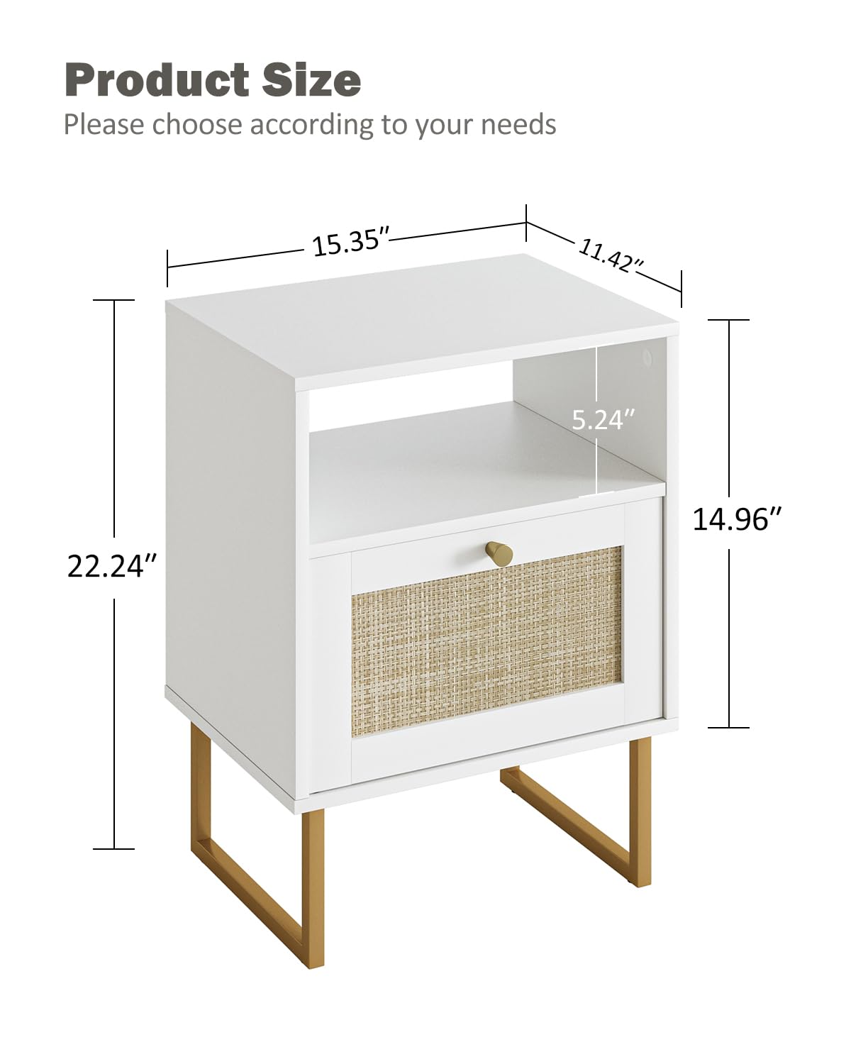 Apetaccat Rattan Nightstand, Boho Night Stand Farmhouse Wood Bedside Table with Storage and Open Shelf, End Side Accent Table for Bedroom,Living Room,White