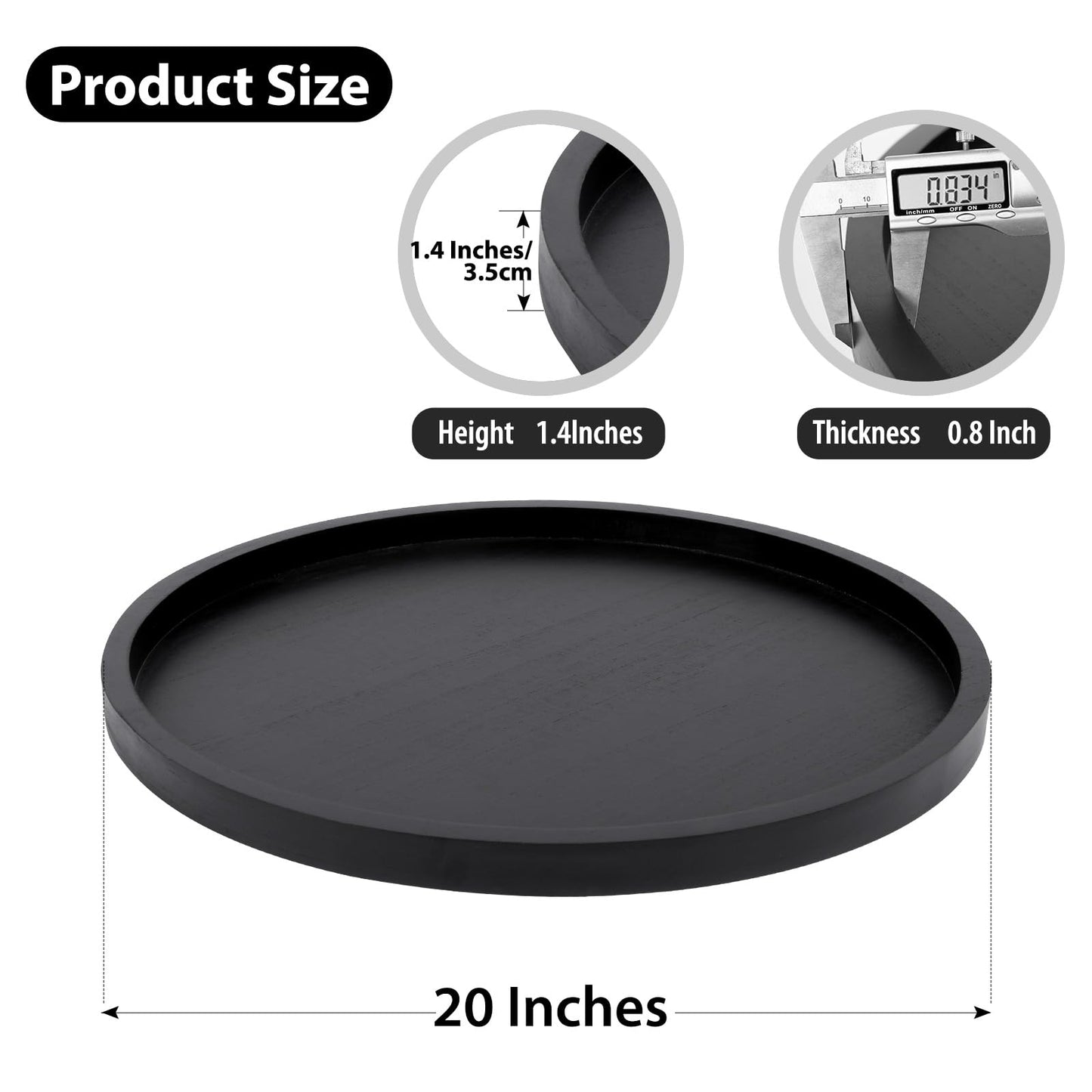 Round Ottoman Tray Large Wood Serving Tray for Table Living Room Bedroom, 20 Inches Black