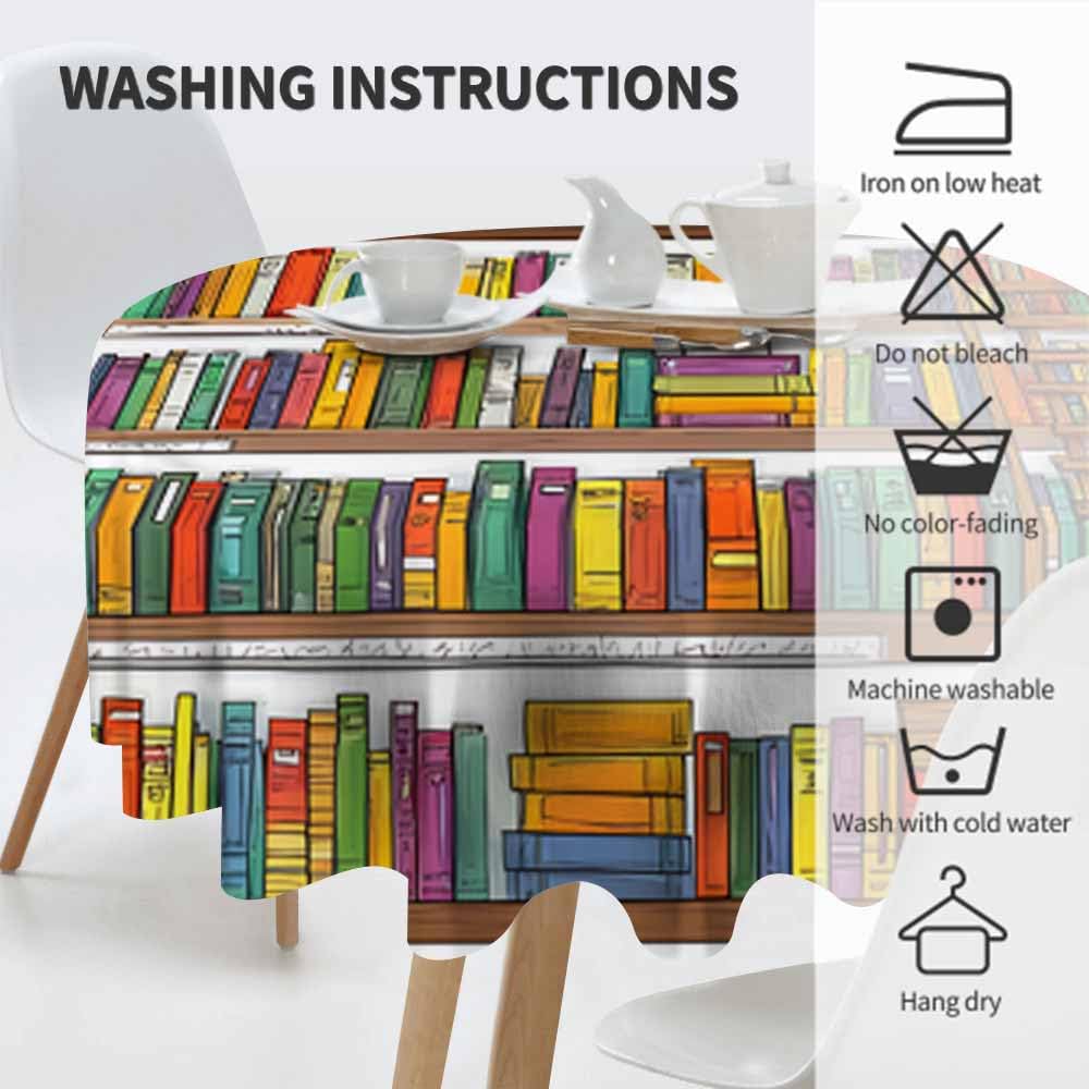 AnBuPan Bookshelf with So Many Books Round Tablecloths 60 Inch Library Bookshelves Books and Ladder Clear Table Cover Protector Fitted Home Kitchen Dinner Outdoor Picnic Party Decorations