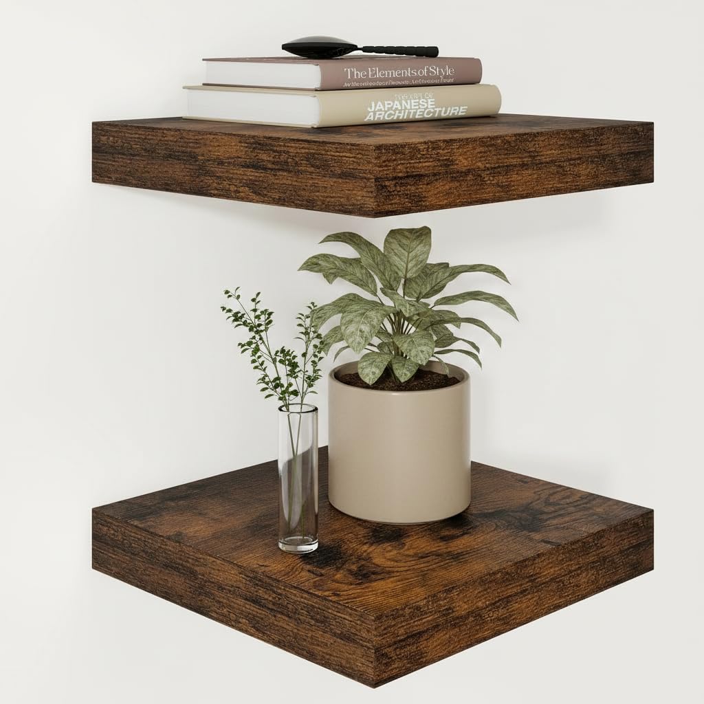 Vivelove 12" Deep Floating Shelves for Wall 12" Long, Wall Shelves for Living Room Bedroom Bathroom Kitchen Laundry Room, Farmhouse Rustic Shelves for Home Decor, 12" X 12" X 2" Set Of 2, Rustic Brown