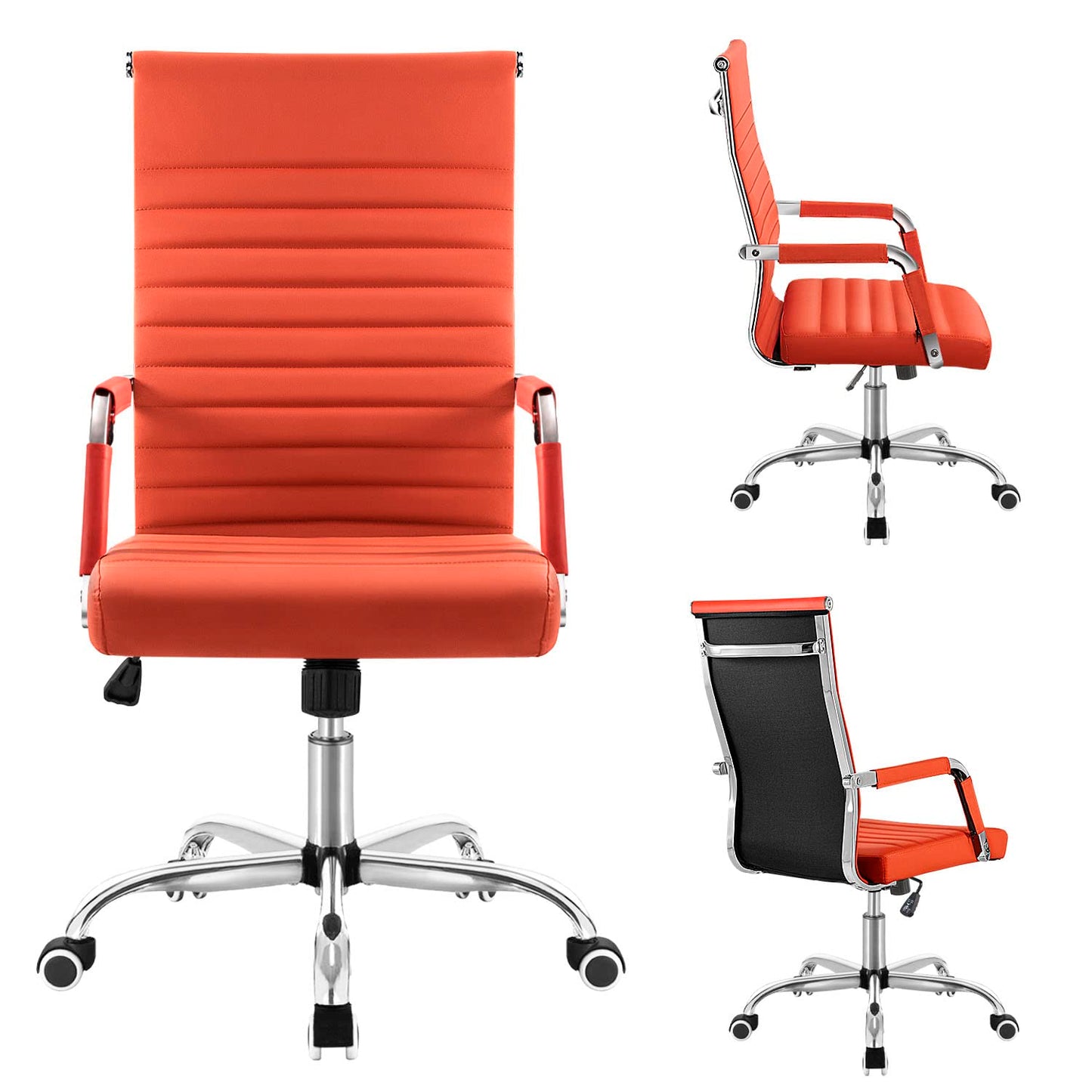 Shahoo Ribbed Office Chair, Mid-Back PU Leather Office Chair Executive Task Chair with 360° Swivel Wheels for Conference Room, Home Offices (Orange)