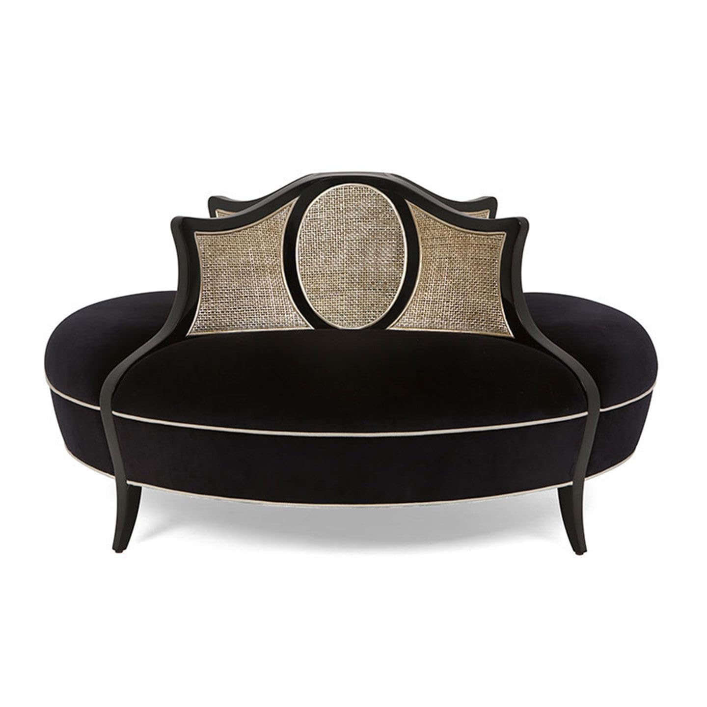 EDLME Luxury Round Velvet Sofa with Handwoven Rattan Backrest, Vintage French American Style Curved Conversation Couch for Living Room, Hotel Lobby, Lounge and Reception Area