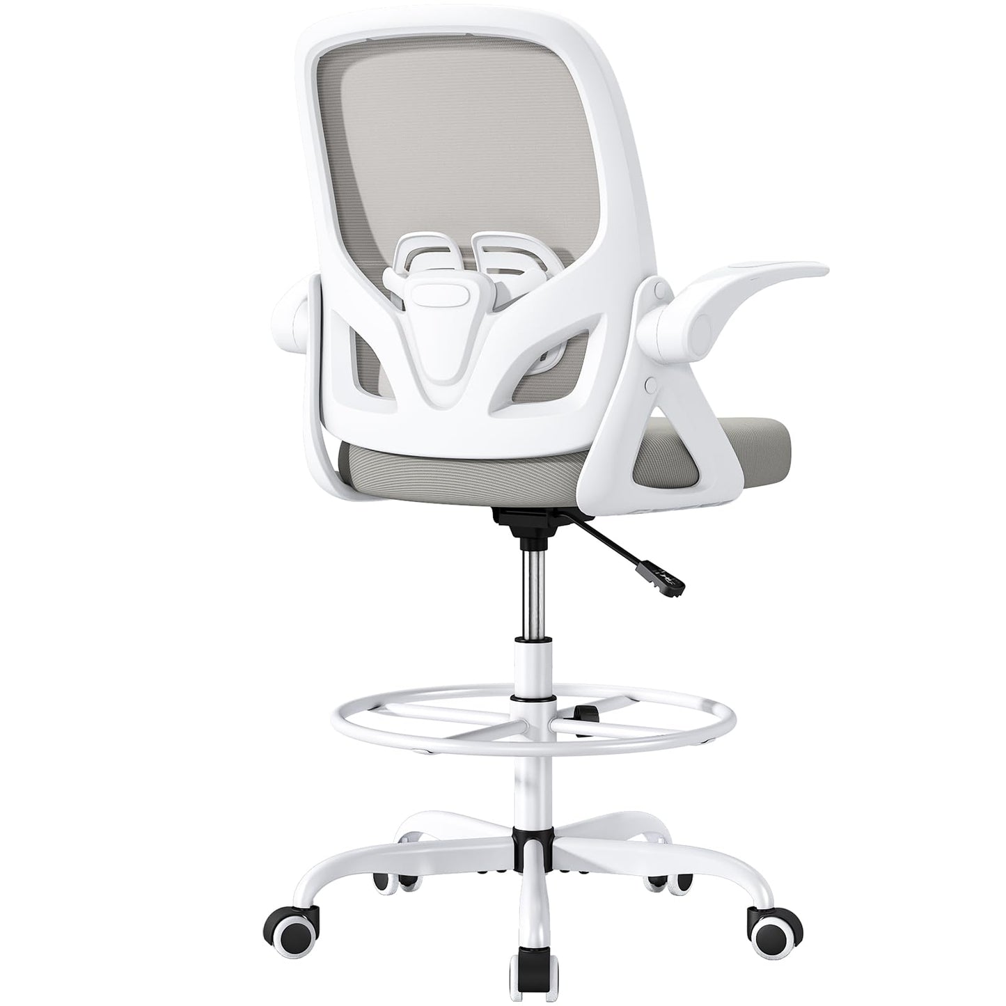 ORRSAKER Drafting Chair, Tall Office Chair with Flip-up Arms, Mesh Ergonomic Computer Standing Desk Chair with Adjustable Height Foot Ring and Lumbar Support, 300 LBS Capacity, Gray