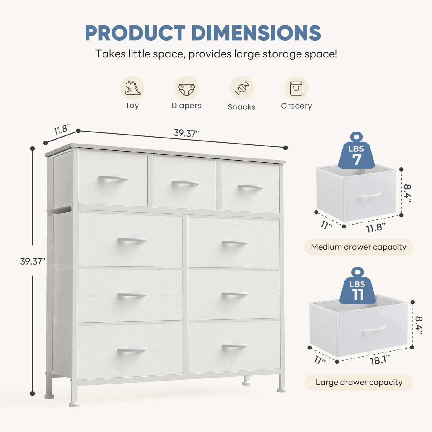DUMOS Dresser for Bedroom, Storage Organizer with 9 Drawers, Chest of Drawers with Fabric Bins, Sturdy Metal Frame, Wood Tabletop for Guest Room, Closet, Entryway, White