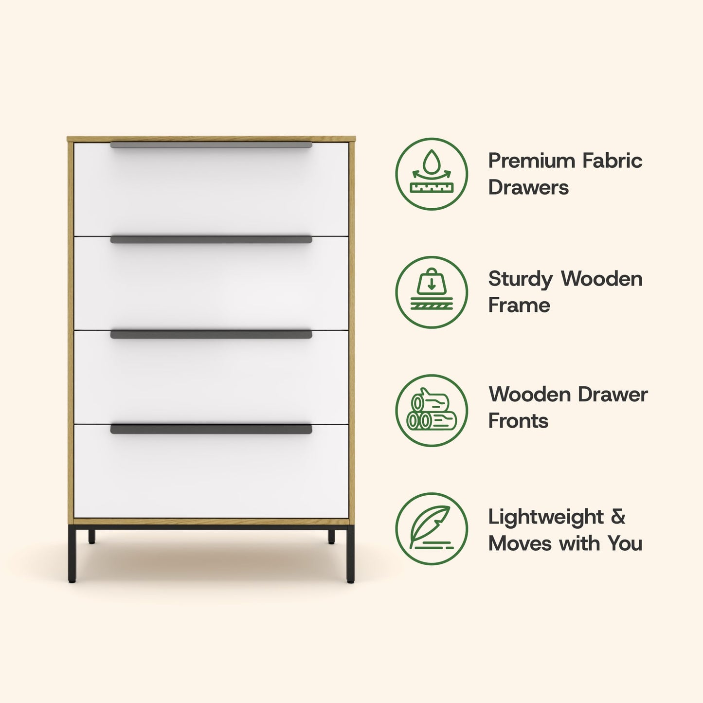 tinge Lira Premium 4 Drawer Fabric Dresser - Engineered Wood Frame Chest of Drawers for Bedroom - Strong & Sag-Proof Clothing Organizer with Sleek Metal Handles (Light Brown)
