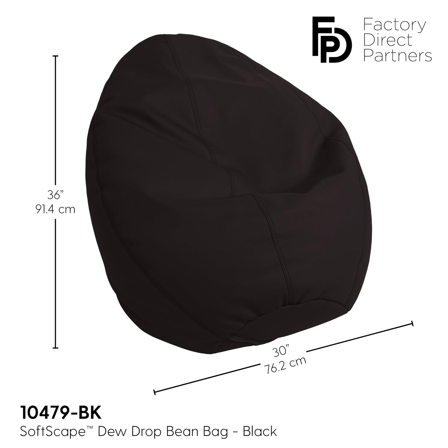 FDP SoftScape Dew Drop Bean Bag Chair with Supportive High-Back Design, For Kids, Teens and Adults, Alternative Seating for Dorms, Schools, Libraries, Daycares or Home - Black
